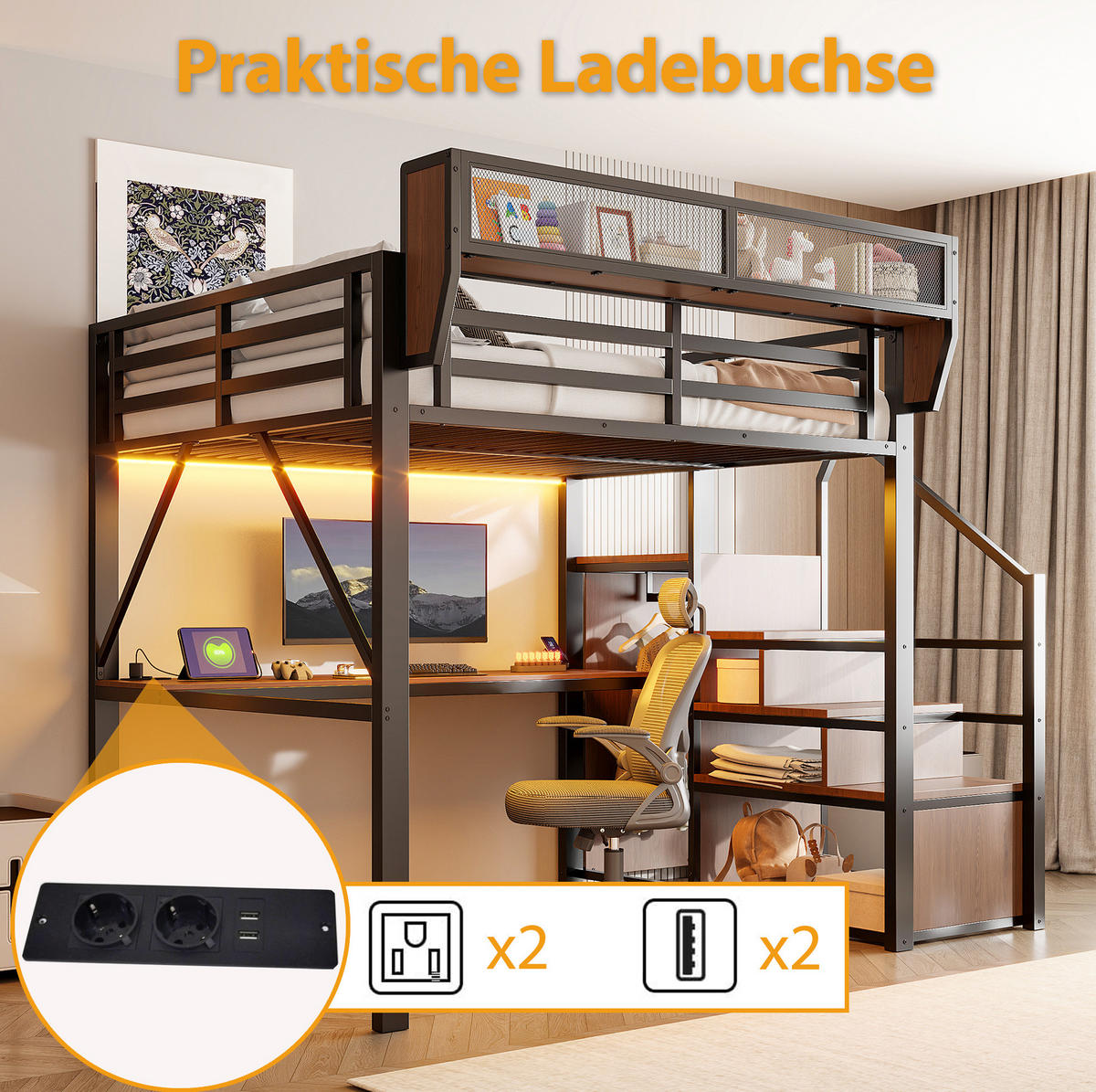 HOCHBETT 140/200 cm in Schwarz mit LED-Beleuchtung, Schreibtisch und Stauraum - Schwarz, Metall (140/200cm) - Flora Grace
