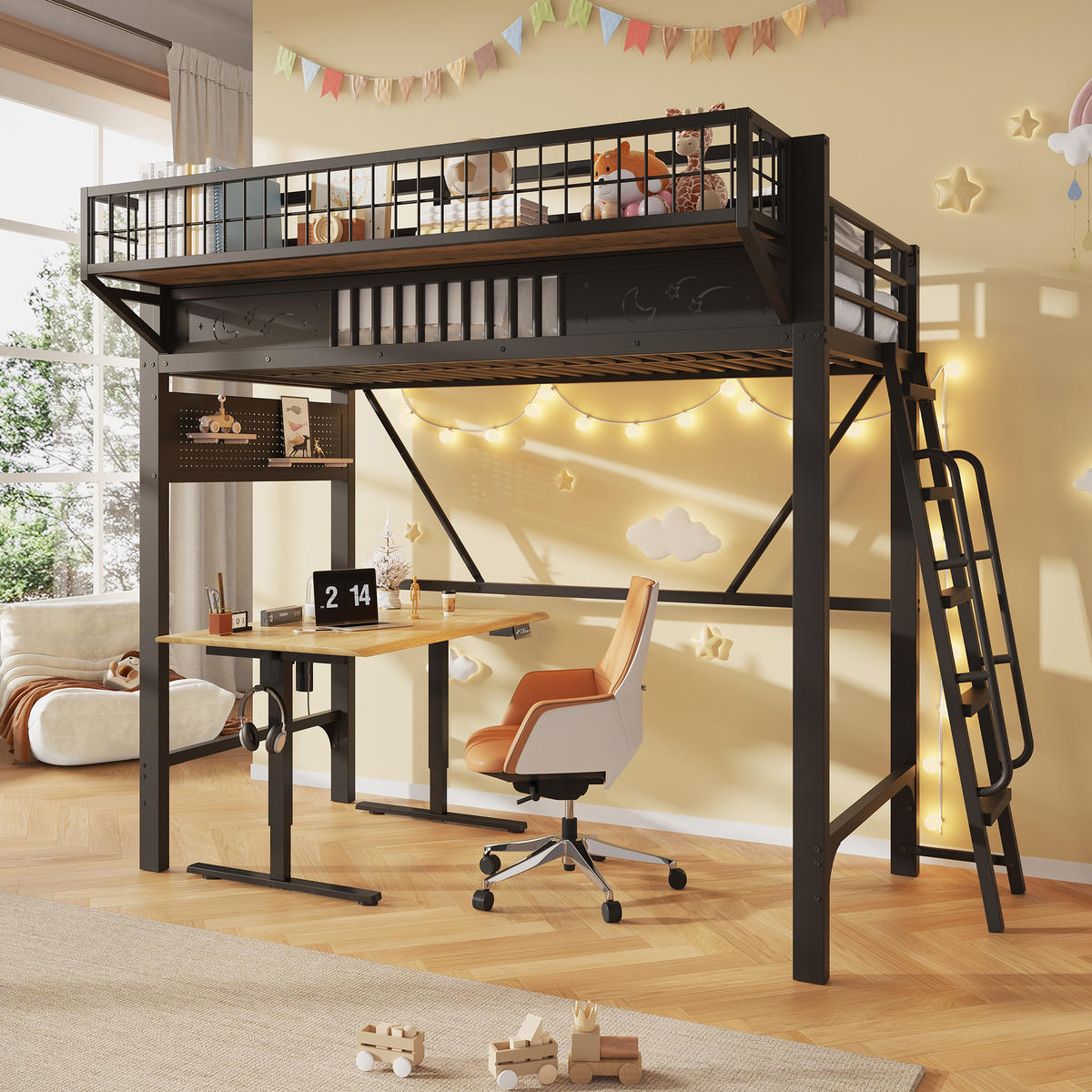 HOCHBETT 90/200 cm mit Metallgestell Schwarz, Staufächern und offener Unterseite - Schwarz, Metall