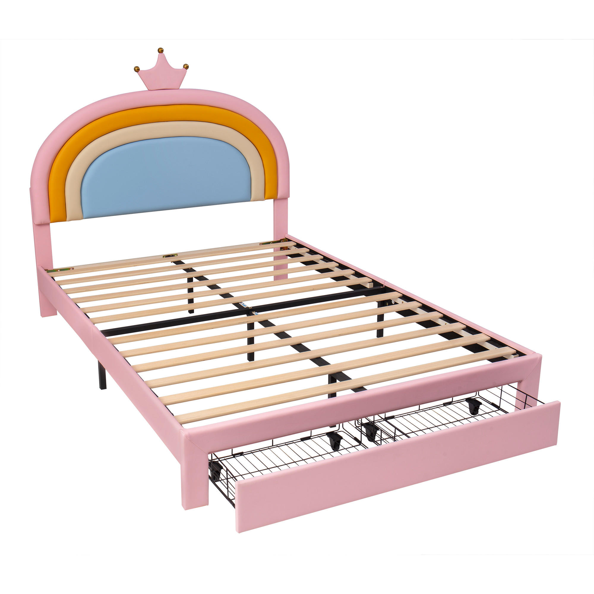 KINDERBETT 140/200 cm mit Regenbogen-Kopfteil und Schublade, DE-41743, in Rosa - Pink, Holz (140/200cm) - ComfortXL