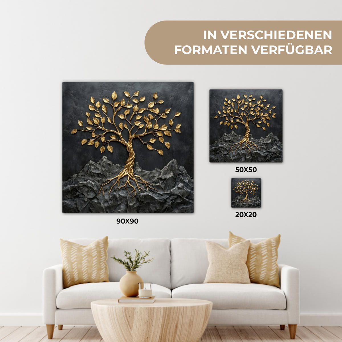 LEINWANDBILD Blätter - Gold - Baum - Fels Deko Wohnzimmer 20x20 cm - Schwarz, Textil (20/20cm) - MuchoWow
