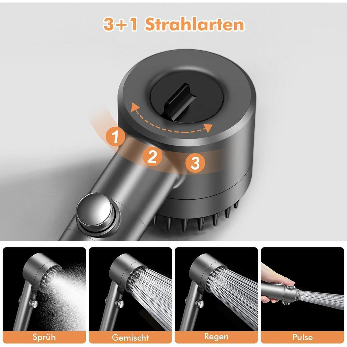HANDBRAUSE mit 15-Schicht-Filter und 3+1 Strahlarten, 1,5 m Schlauch, Grau - Grau, Kunststoff (9/12.7/27cm)