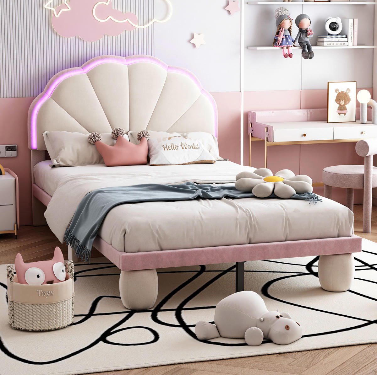 POLSTERBETT 90/200 cm in Beige und Rosa mit LED-Beleuchtung - Weiß, Textil (90/200cm) - Flora Grace