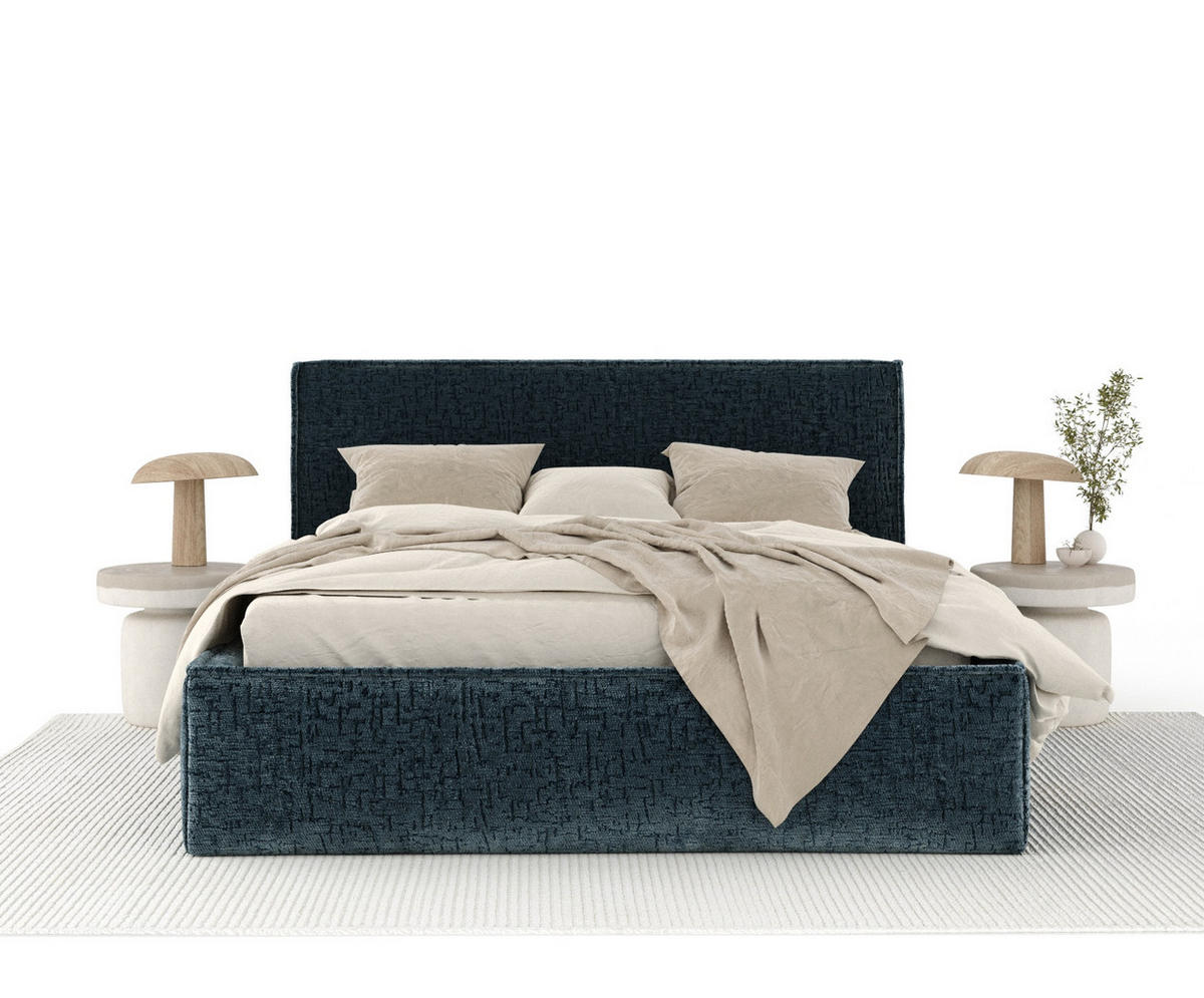 POLSTERBETT Lounge Blau 140/200 cm im Chenille-Stoff - Blau/Naturfarben, Holz/Holzwerkstoff (140/200cm) - Maison de Reve