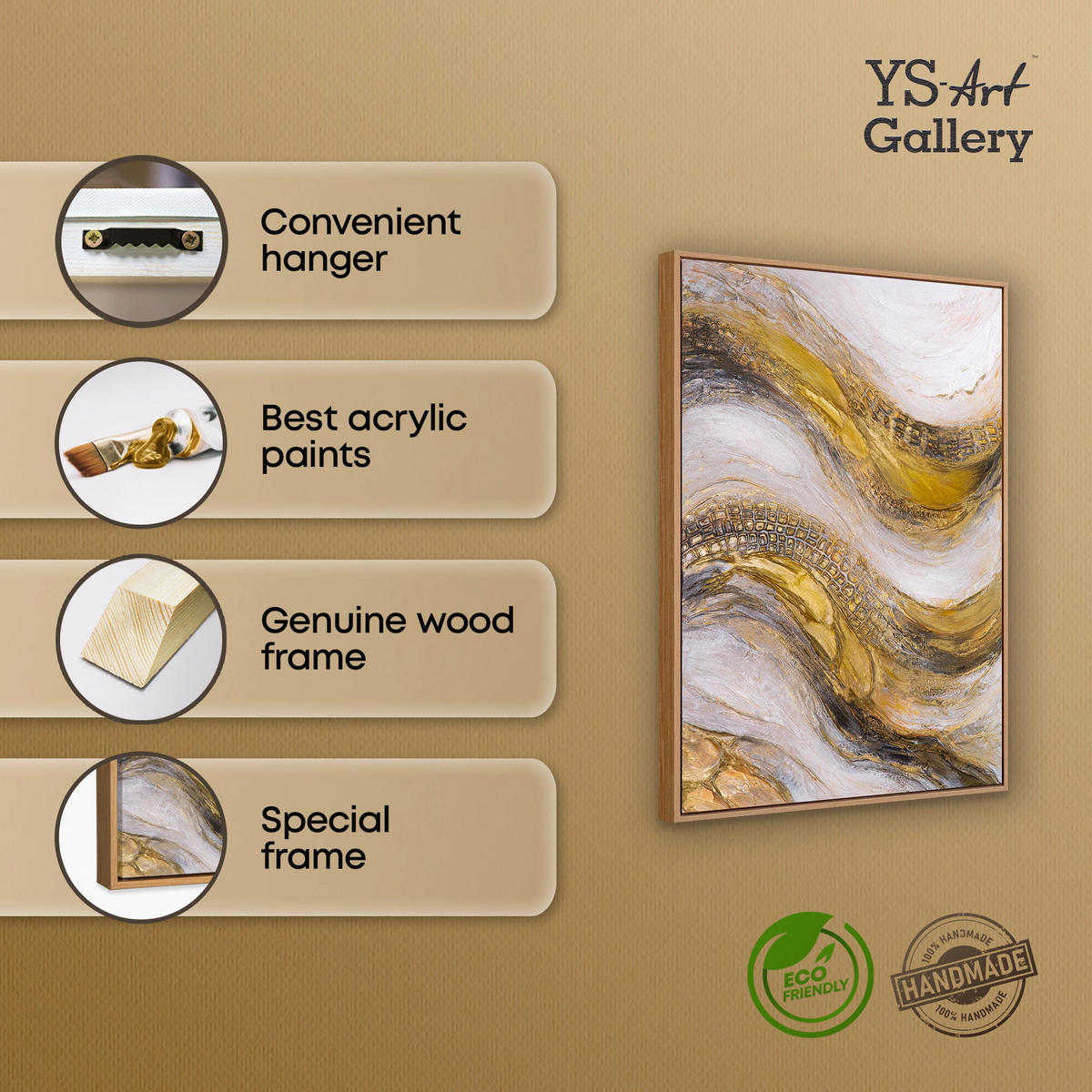 GEMÄLDE Goldene Wellen Schattenfugenrahmen Eichefarben 70x50 cm - Eichefarben, Holz (70/50cm) - YS-art gallery