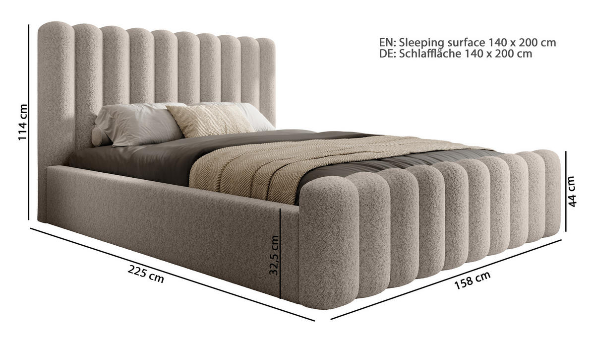 POLSTERBETT Bett Mona VII gepolstert modern, hochwertiger Stoff, Bettkasten, elegantes Design halbrund 140x200 cm, grau - Schwarz/Grau, Holzwerkstoff/Kunststoff (140/200cm) - DomoHome