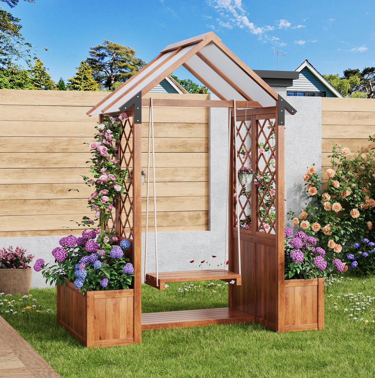 BLUMENKASTEN aus Massivholz 163x142x70 cm in Braun mit Rankgitter & Schaukel - Braun, Holz (70/163/142cm) - Modfu