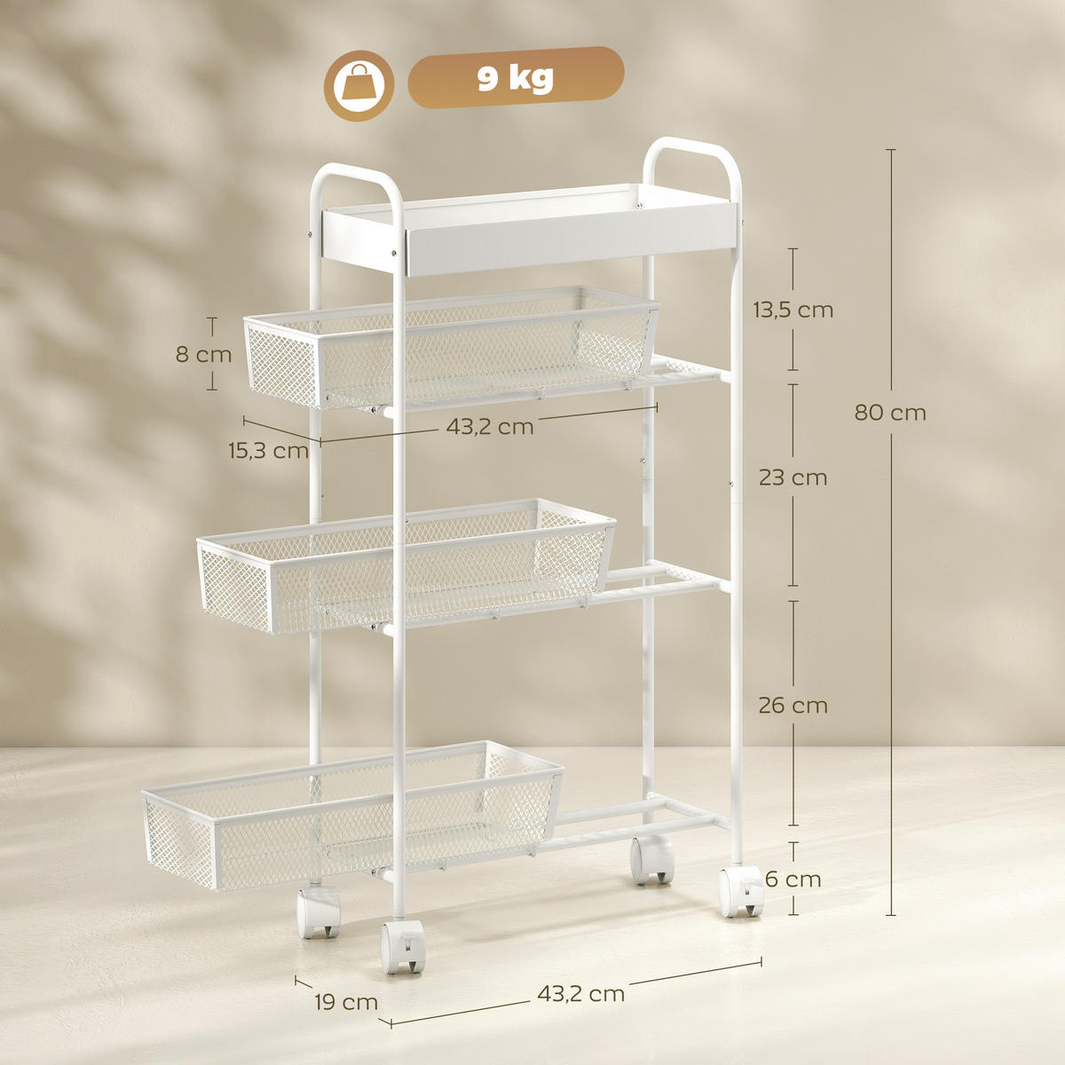 KÜCHENWAGEN, Schmales Design, 3 Körbe, 4 Räder, Metall, Weiß, für Küche, Bad und Wohnzimmer - Multicolor, Metall (43.2/80/19cm) - FORIOUS
