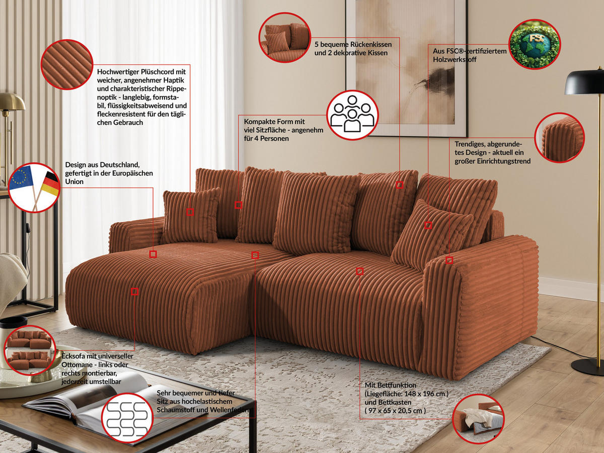 ECKSOFA Calma mit Schlaffunktion und Bettkasten im Bumpy-Design aus weichem Terrakotta Plüschcord - Ottomane links - Terracotta/Schwarz, Holz/Kunststoff (239/140cm) - S-Style