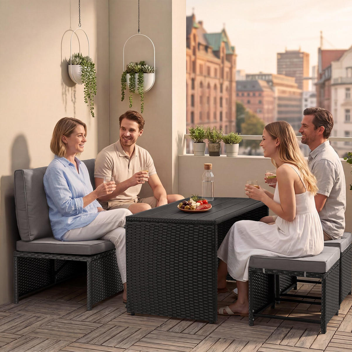 2-IN-1-RATTANLOUNGE-SET Monopoli, höhenverstellbare Tischfüße, schwarz - Schwarz, Kunststoff - tectake