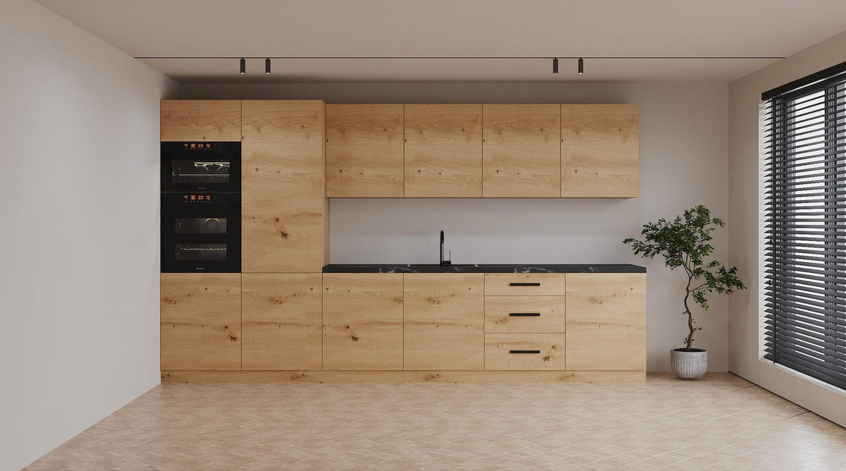 KÜCHENZEILE 360 cm – Nexa K109-G360 – in Woodline / Matt - Schwarz/Eiche Artisan, Holz/Metall (360/212/58cm) - ROYAL24_MARKT