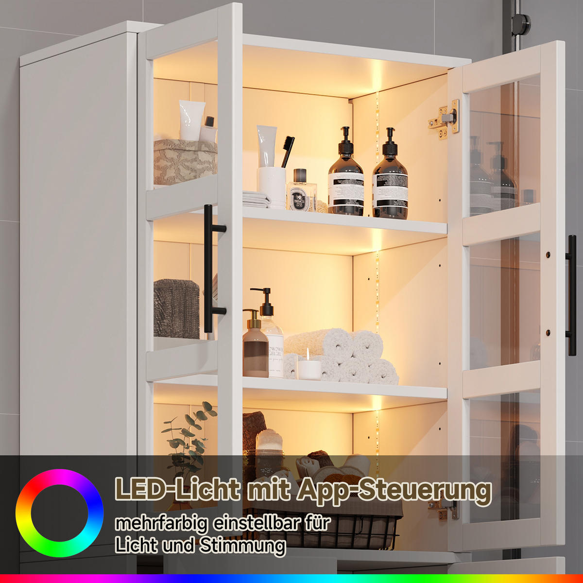BUFFET Multifunktionaler Vitrinenschrank mit LED Lichtband, Glastüren und verstellbaren Böden Weiß modern MDF/Glas - Weiß, Glas/Holzwerkstoff (72/170/35cm) - EVRYAE
