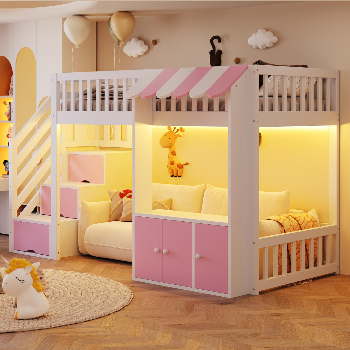 HOCHBETT 90x200 Rosa Holz Stauraumschrank LED - Multicolor, Holz (90/200cm) - FLIEKS