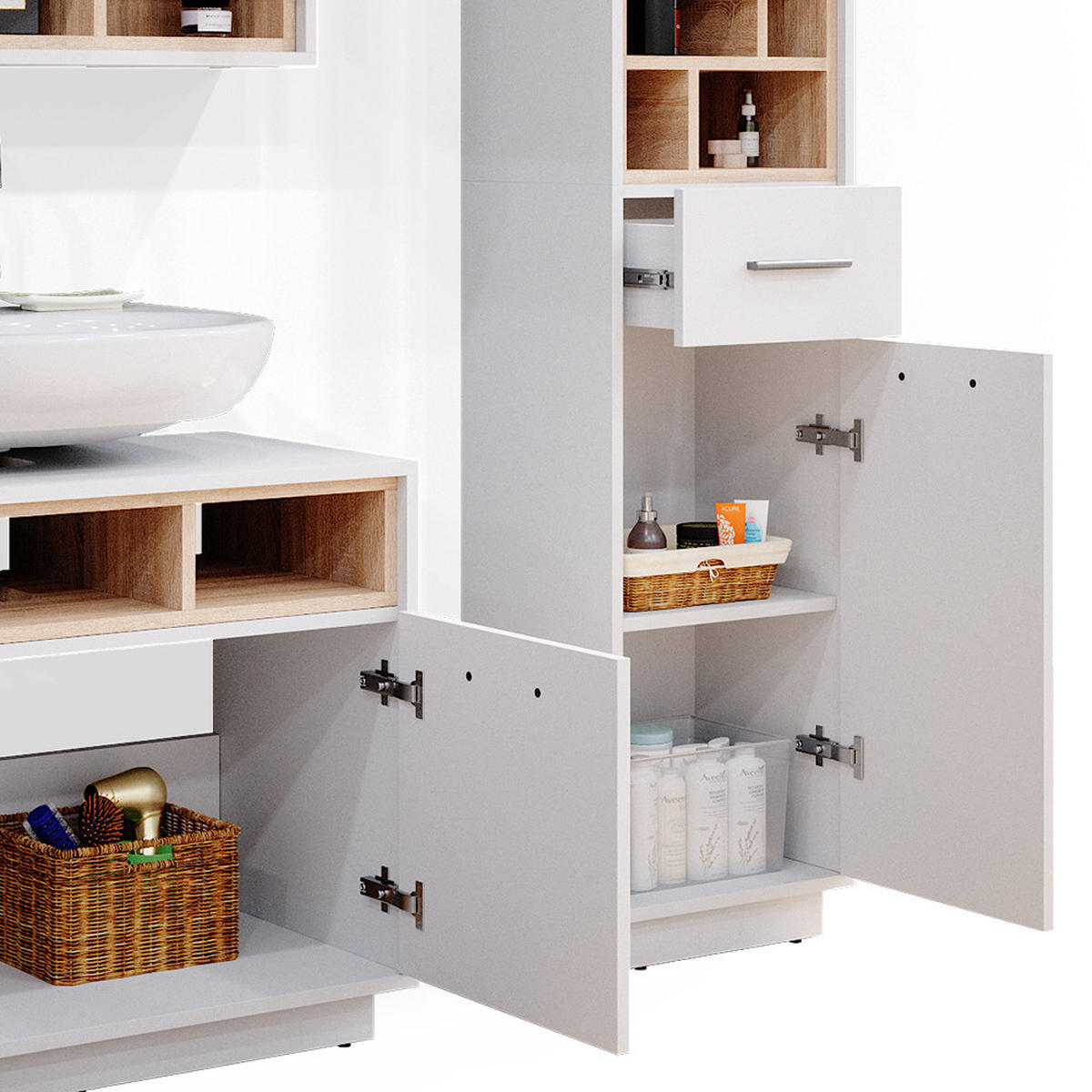 BADMÖBEL-SET Beatrice Weiß 3 Teile, mit Hochschrank - Weiß/Sonoma Eiche, Holzwerkstoff (80/64/40cm) - Vicco