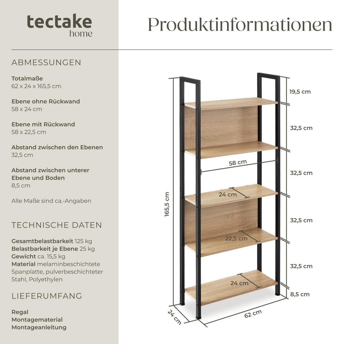 REGAL Westport,inklusive Kippschutz, 62 x 24 x 165,5 cm,Industrial Holz hell, Eiche Sonoma - Naturfarben, Holzwerkstoff (24/165.5/62cm) - tectake