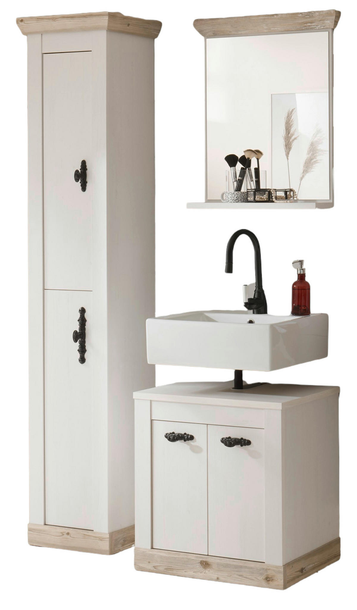 BADKOMBINATION Pinie weiß, Oslo Pinie Landhaus, Badmöbel Set 3-tlg., 122 x 200 cm - Dunkelgrau/Weiß, Holzwerkstoff/Metall (122/200/46cm) - Furn.Design