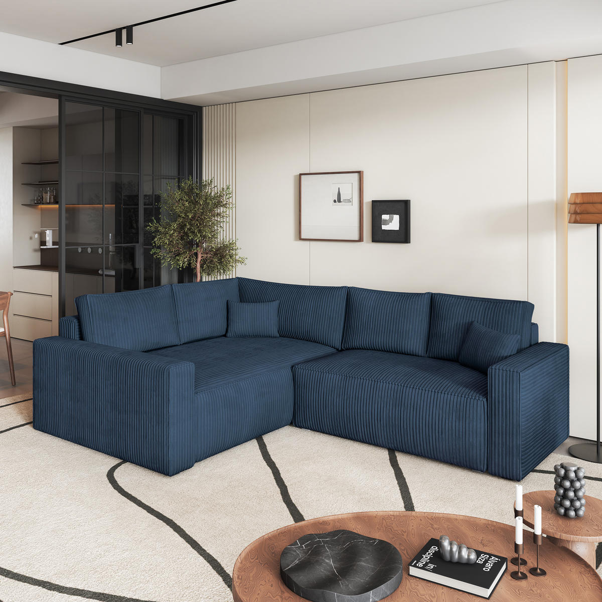 ROHOVÁ SEDAČKA ERONIS modrá - šedá/modrá, dřevo/textil (265/194cm) - MASSENO