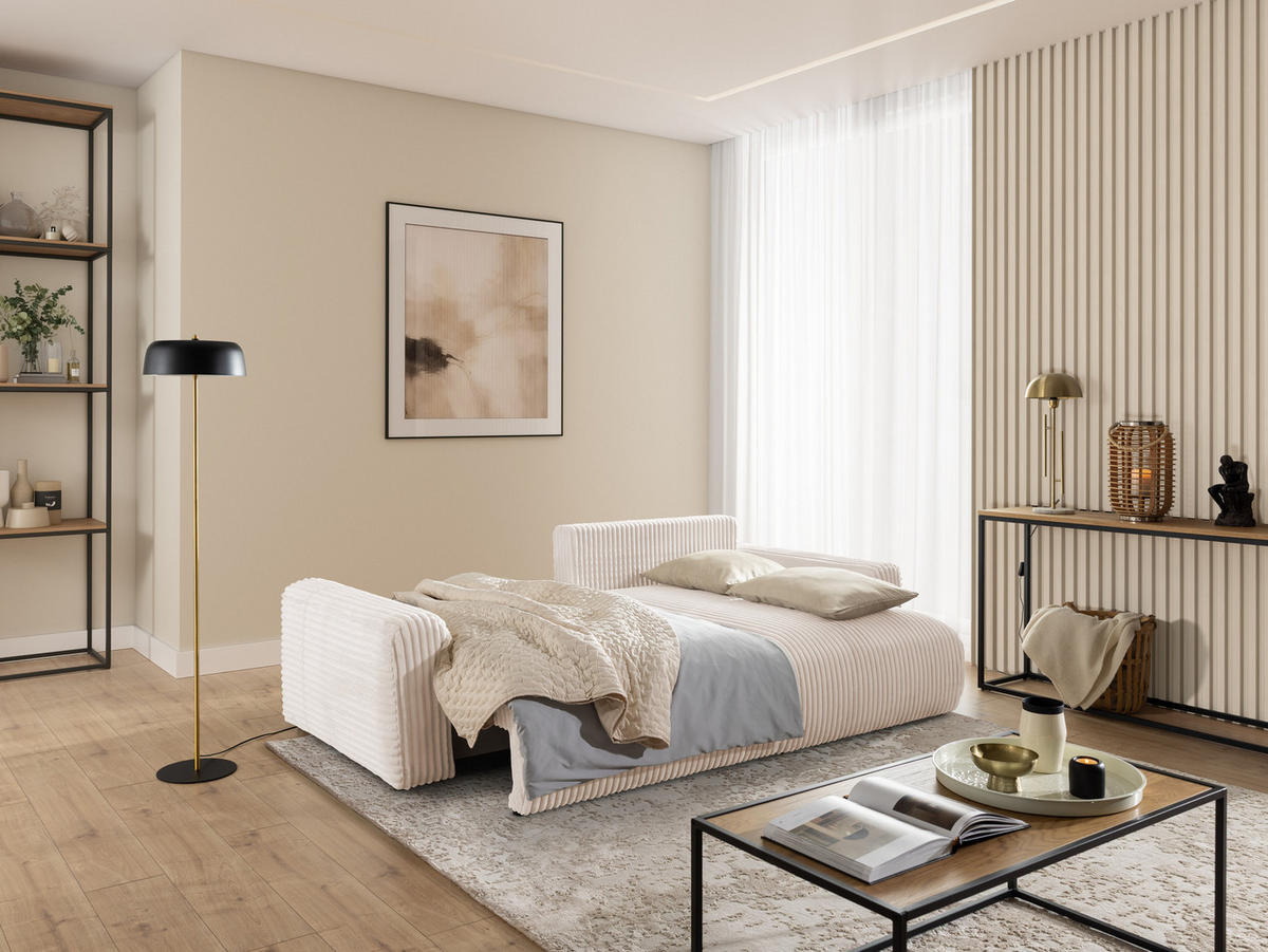 ECKSOFA Calma mit Schlaffunktion und Bettkasten im Bumpy-Design aus weichem Beige Plüschcord - Ottomane rechts - Beige/Schwarz, Holz/Kunststoff (140/239cm) - S-Style