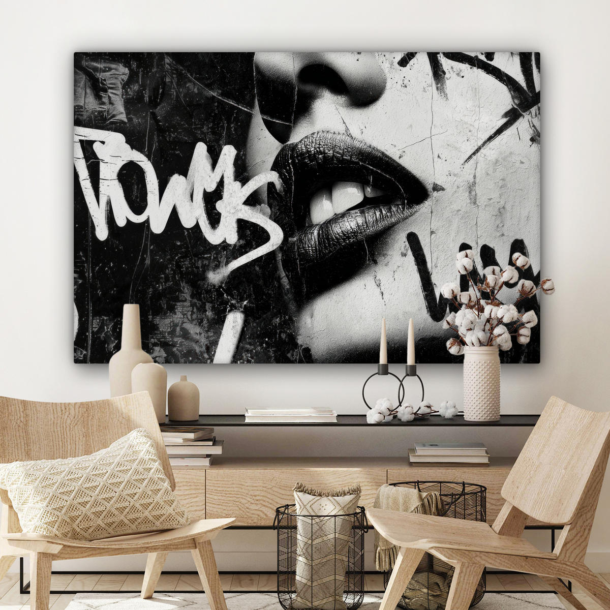 LEINWANDBILD Gesicht - Mund - Graffiti - Schwarz Wohnzimmer Groß 120x80 cm - Schwarz, Textil (120/80cm) - MuchoWow