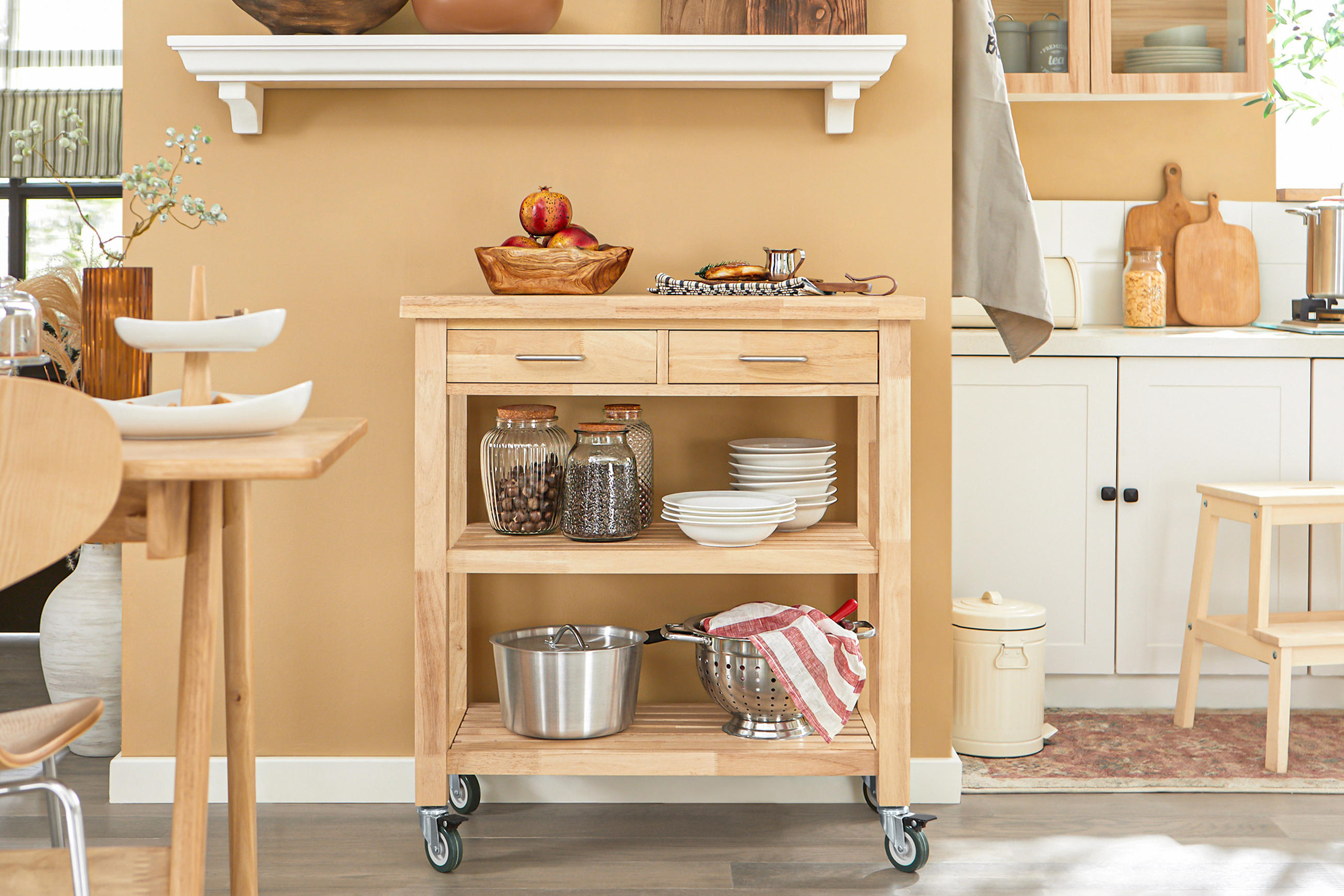 SERVIERWAGEN Gummiholz - Naturfarben, Holz (80/90/40cm) - SoBuy