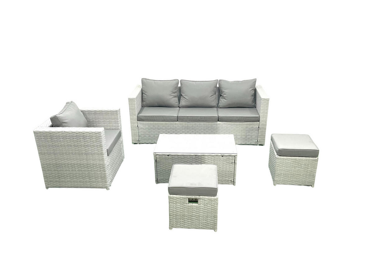 GARTENMÖBELSET mit 3-SITZER SOFA,COUCHTISCH Polyrattan Hellgrau-Mix 6-Sitzer - Hellgrau/Grau, Glas/Kunststoff - Fimous