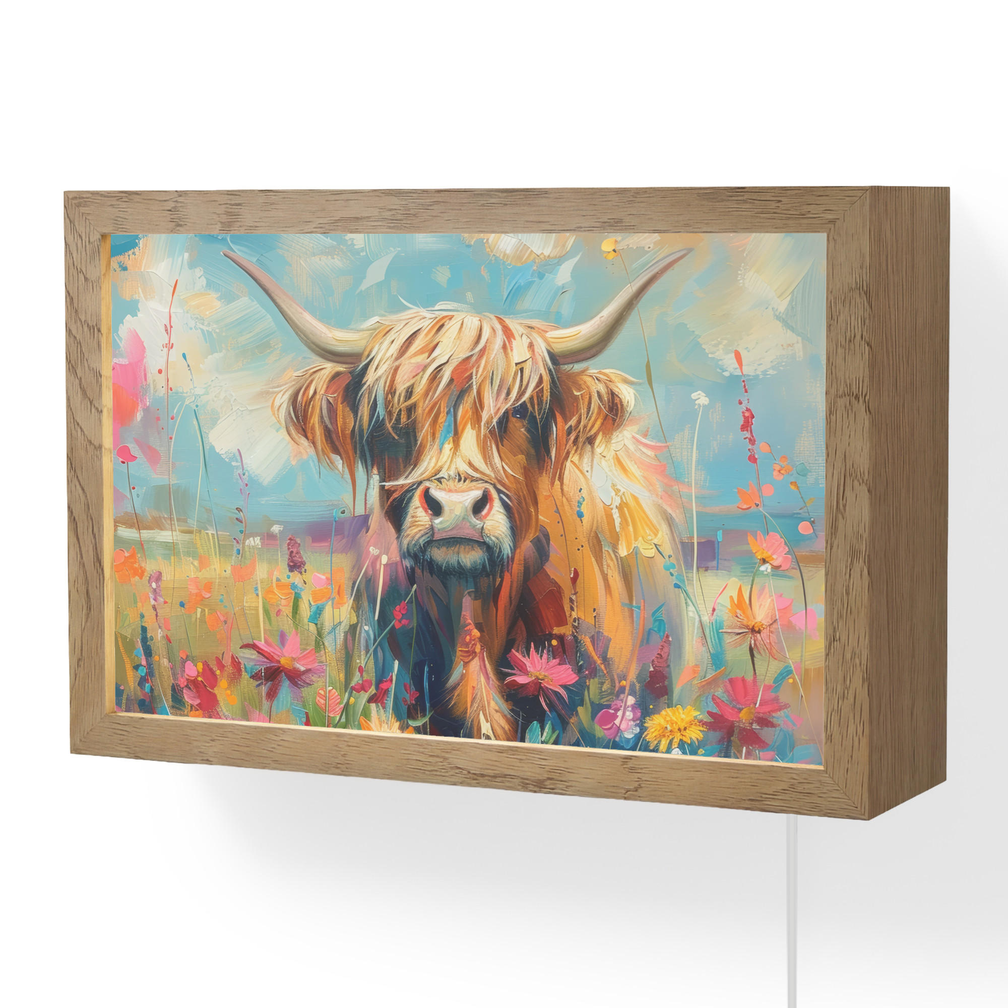 WANDLEUCHTE Schottische Hochländer - Natur - Farbenfroh - Blumen 30x20 cm - Multicolor, Holzwerkstoff (30/20/8cm) - OnlyWow