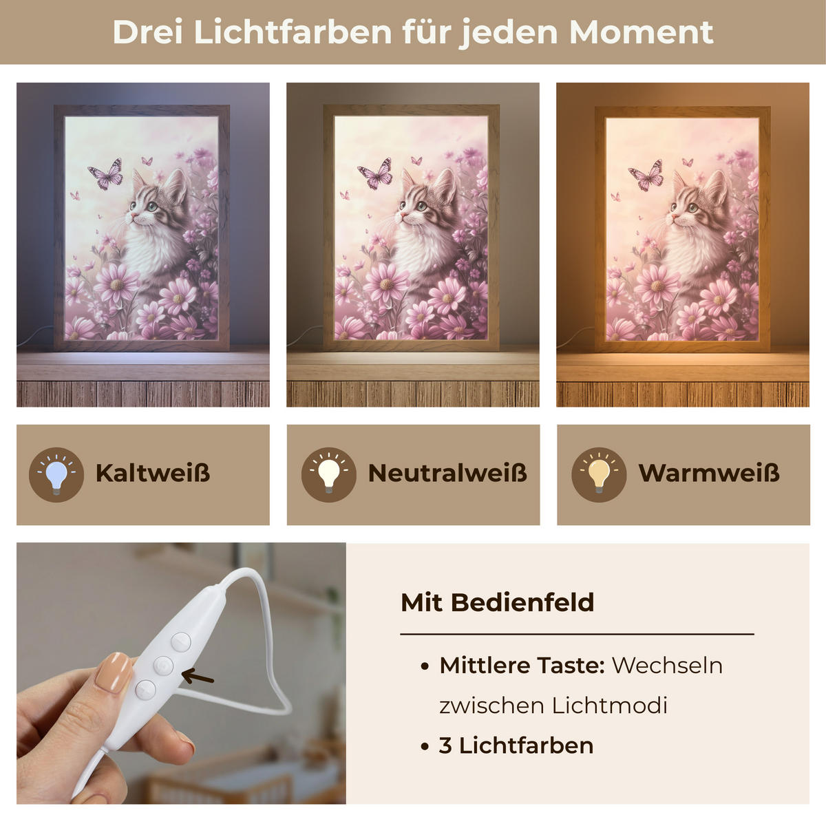 NACHTTISCHLAMPE Kätzchen - Blumen - Schmetterlinge - Lila 20x30 cm - Altrosa, Holzwerkstoff (8/20/30cm)