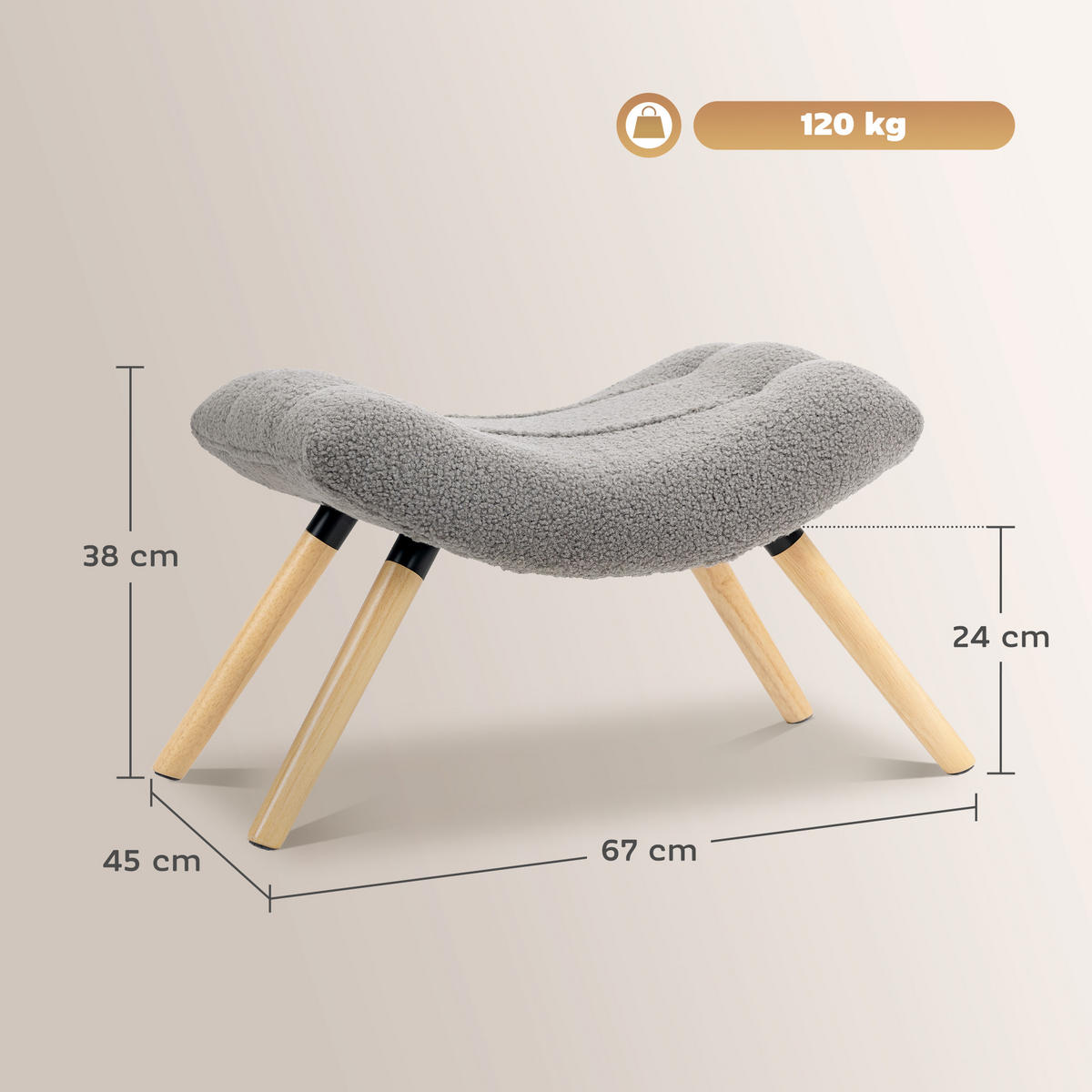 SITZHOCKER mit Berberfleece-Stoff 67 x 45 x 38 cm, Hellgrau - Hellgrau, Kunststoff (45/38/67cm) - HOMCOM