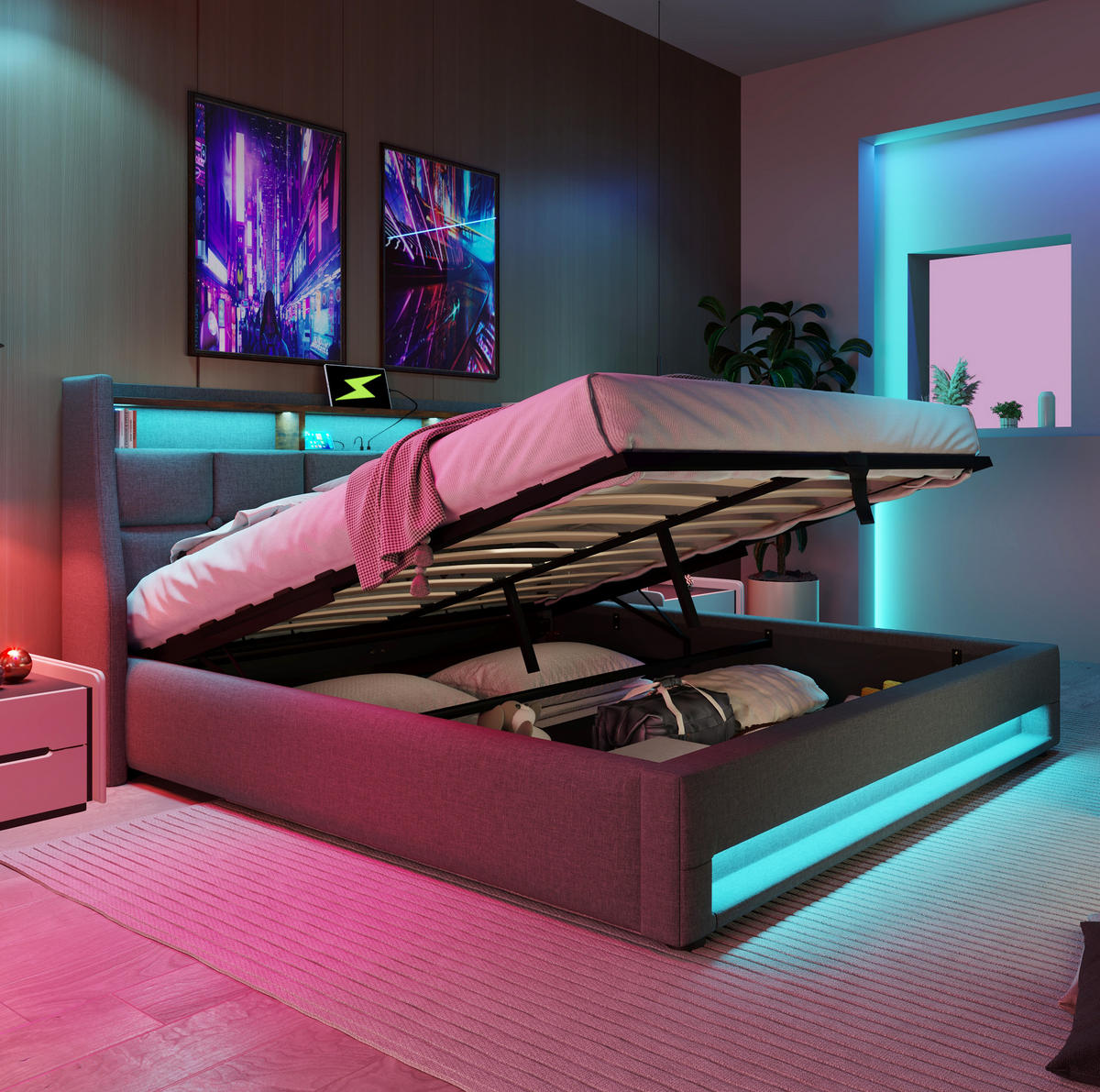 BETT mit USB und LED 140x200 cm Leinen Grau - Grau, Metall (140/200cm) - Meubliv