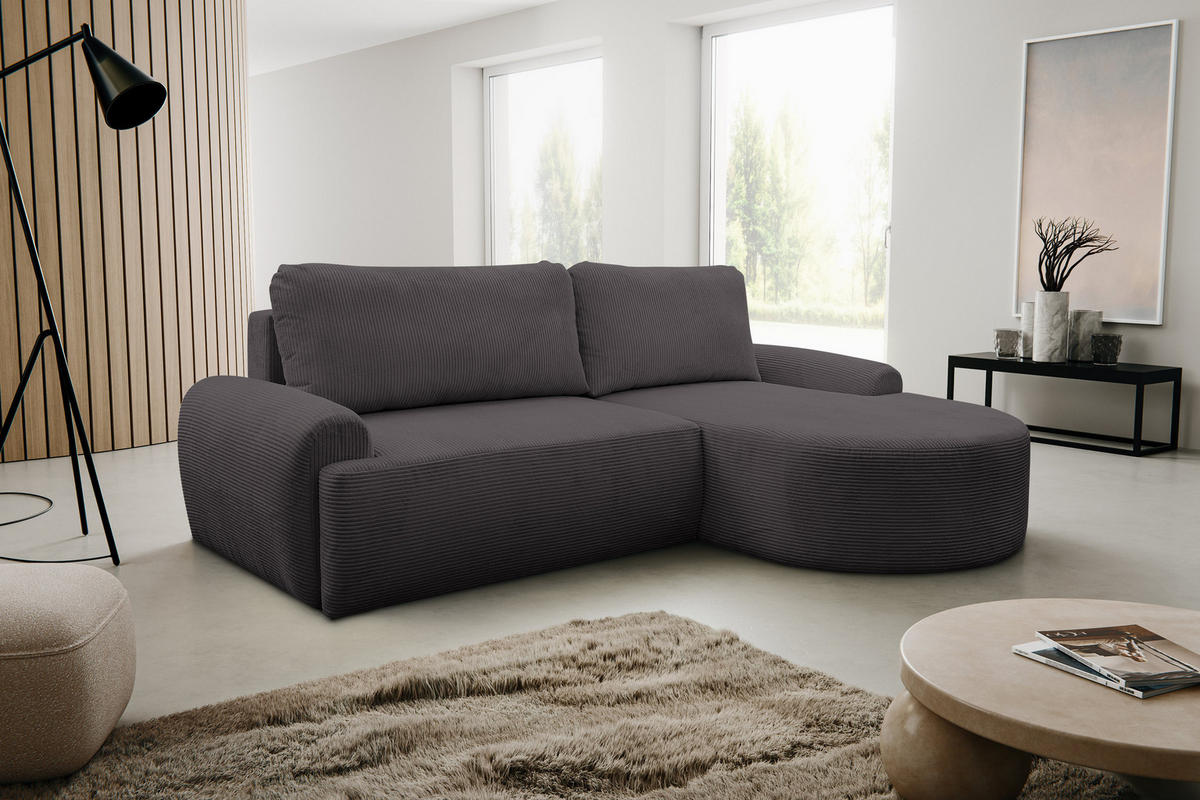 ECKSOFA Dream Cord in L-Form mit Schlaffunktion und Bettkasten, Farbe: Grau, Cordstoff, Ottomane Rechts - Grau, Textil (260/136cm) - VENASI MÖBEL