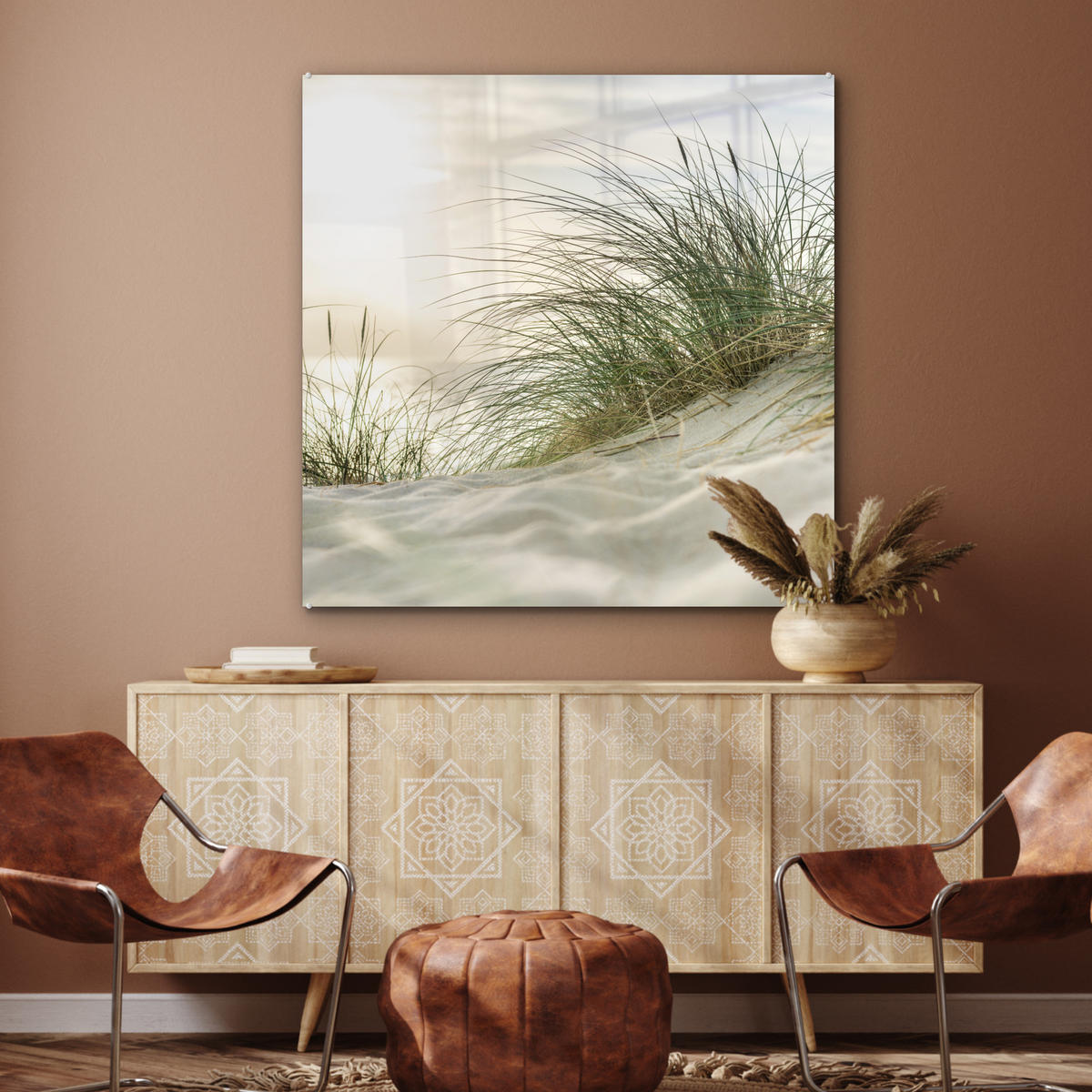 OBRAZ NA AKRYLOVOM SKLE Duny s marramovou trávou pod slnkom nemeckého národného parku Schleswig-Holsteinisches Wattenmeer 90x90 cm - krémová, sklo (90/90cm) - MuchoWow