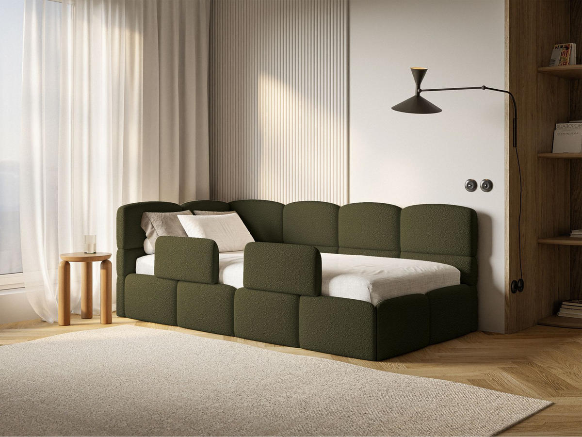 JUGENDBETT Cloudy links mit Matratze und Rausfallschutz Bouclé Olivgrün - Olivgrün, Kunststoff/Textil (90/200cm) - Selsey