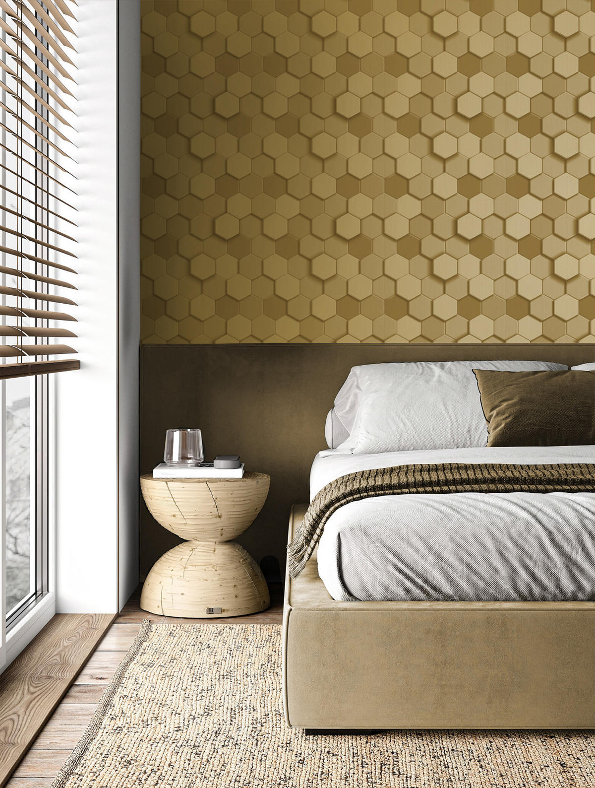 TAPETE 3D Wabenmuster 53 cm x 10.05 m - Goldfarben, Papier (53/1000cm) - Origin Wallcoverings