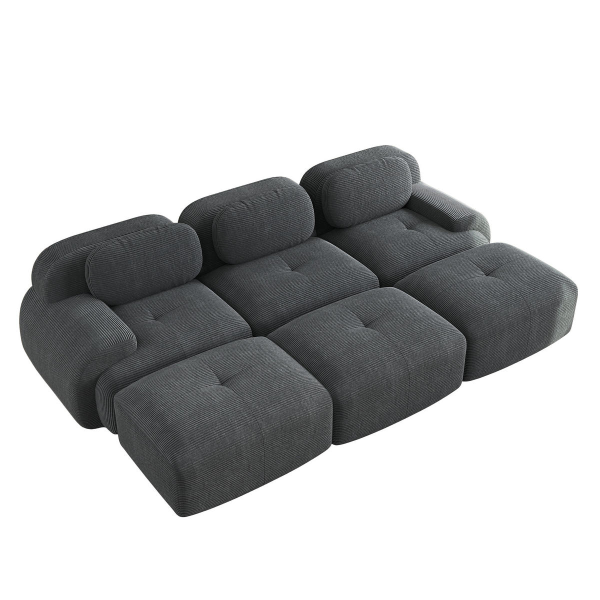3-STIZER Sofa rahmenlos mit 32D-Hochdichteschaum, geschwungenen Armlehnen und Cordstoff, Grau - Grau, Textil (298/75/178cm) - Redom