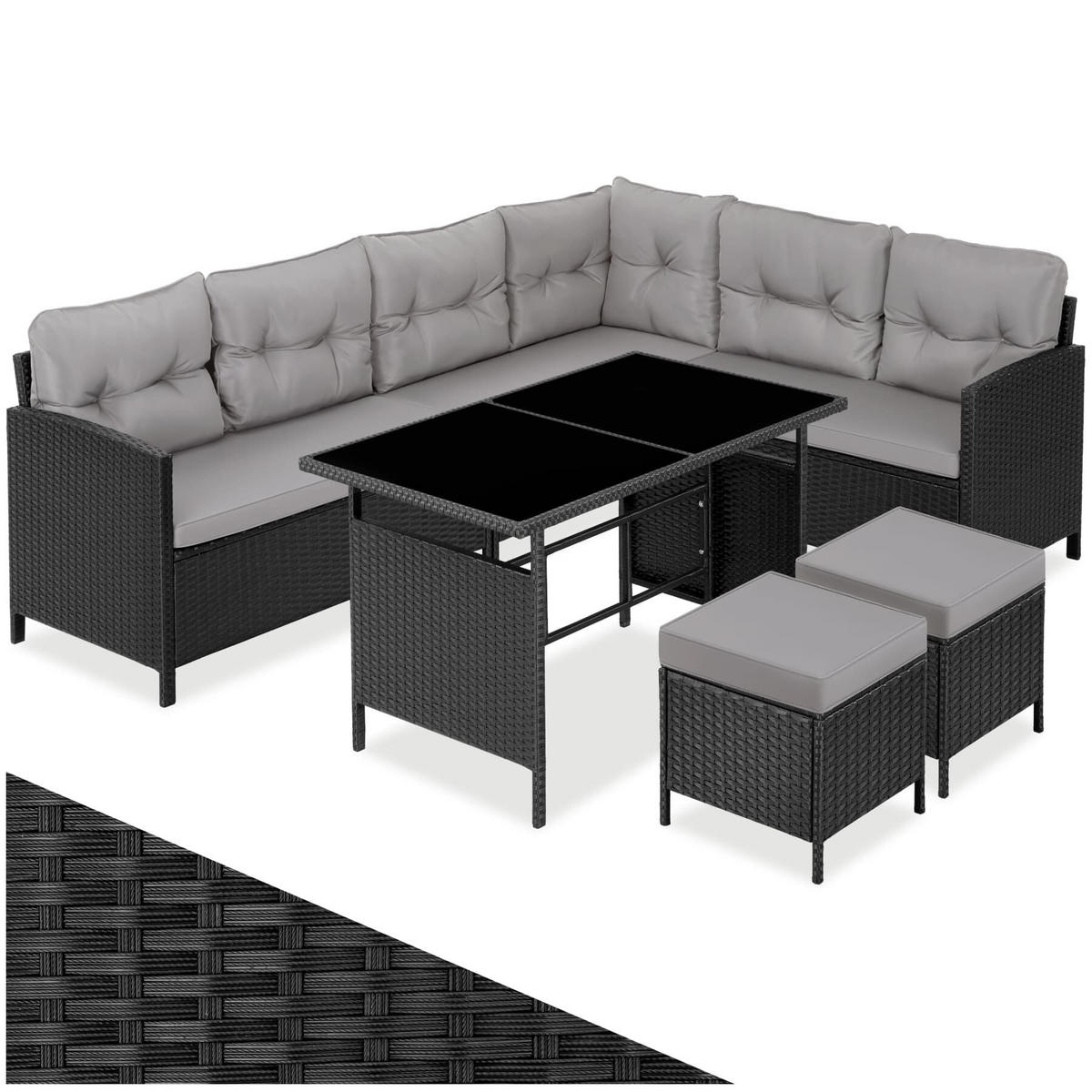 RATTANLOUNGE Barletta, mit Sicherheitsglasplatten, schwarz/grau - Schwarz/Grau, Kunststoff - tectake