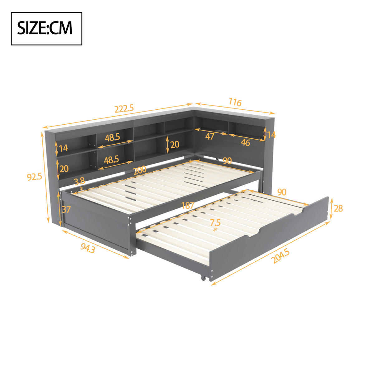 HOLZBETT 90/200 cm mit Ausziehbett, USB und Stauraum in Grau - Grau, Holz (90/200cm) - BEAOK