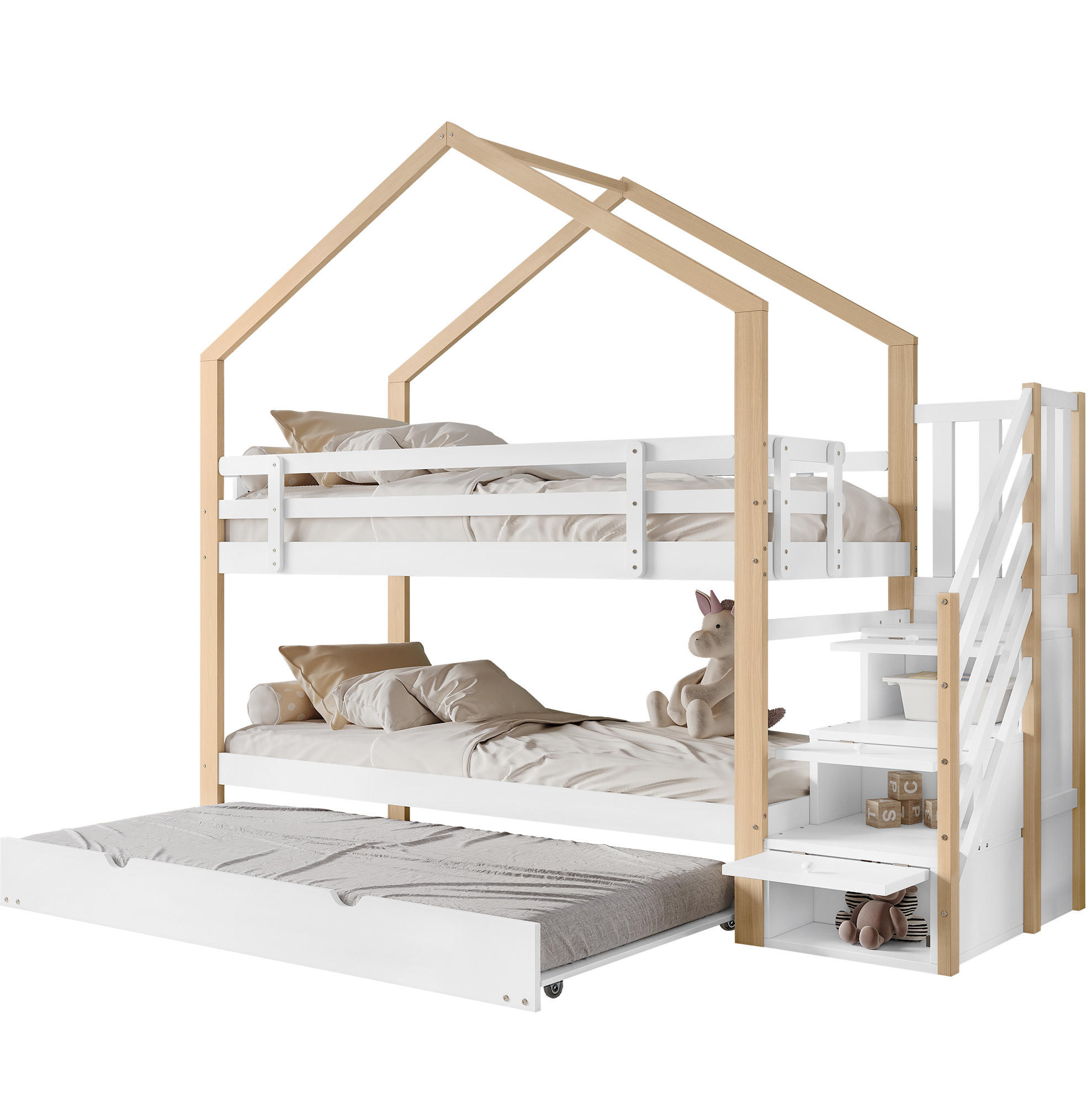 POSCHODOVÁ posteľ 90/200 a 90/190 cm biela/prírodná s výsuvným lôžkom a schodmi so zásuvkami z masívu a MDF - biela, drevo (90/200cm) - OKWISH