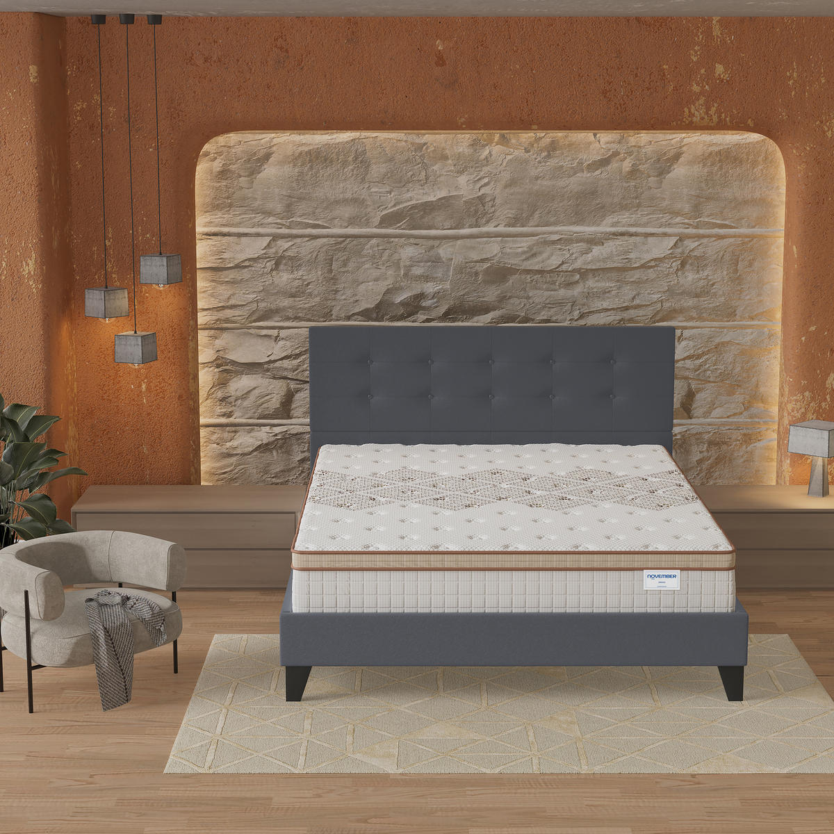 POLSTERBETT und MATRATZE - 160 x 200 cm - Taschenfederkern - 28cm dick - Grau, Naturmaterialien/Holz (160/200cm) - November Sleep