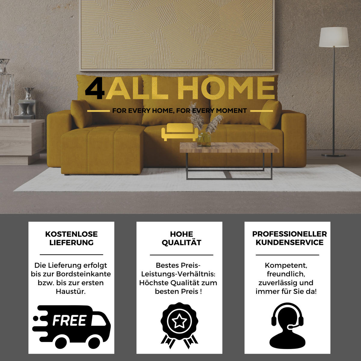 ECKSOFA Tico mit Bettkasten und Schlaffunktion, L-Form/XL-Form, Velourstoff, Universal - Currygelb, Holzwerkstoff (246/145cm) - 4ALL HOME