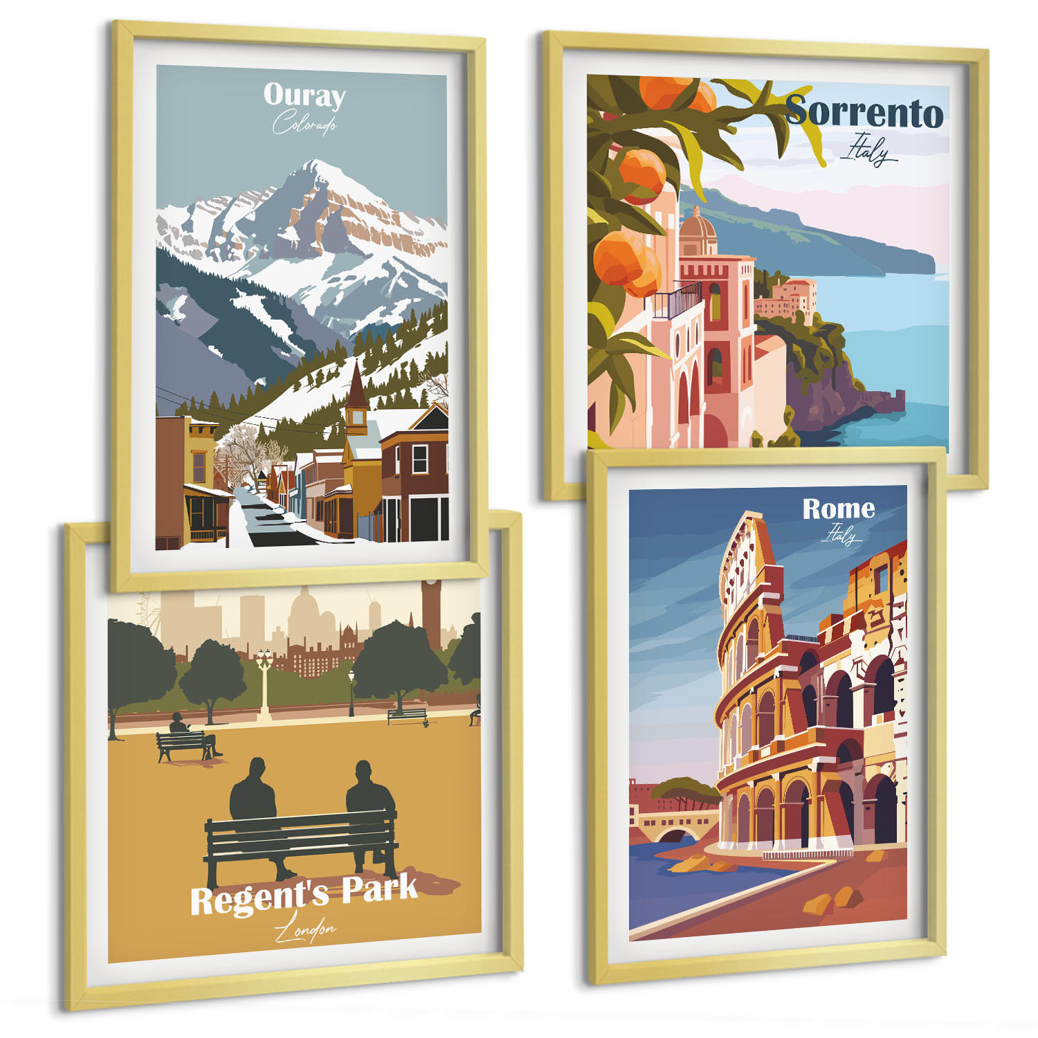 BILDER SET 4er Set - 50x50 cm & 40x60 cm Goldrahmen - Retro-Illustrationen berühmter Orte - Goldfarben, Kunststoff (50/50cm) - TULUP