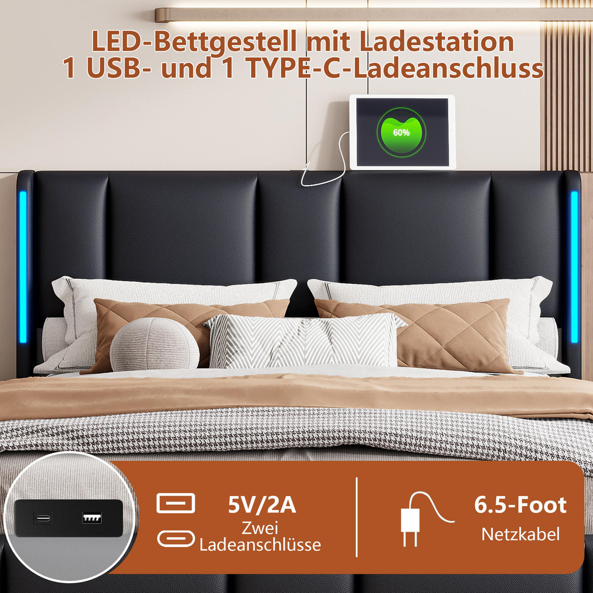 POLSTERBETT 140x200 mit LED, USB/Type-C, Stauraum & Lattenrost, schwarz - Schwarz, Textil/Metall (140/200cm)