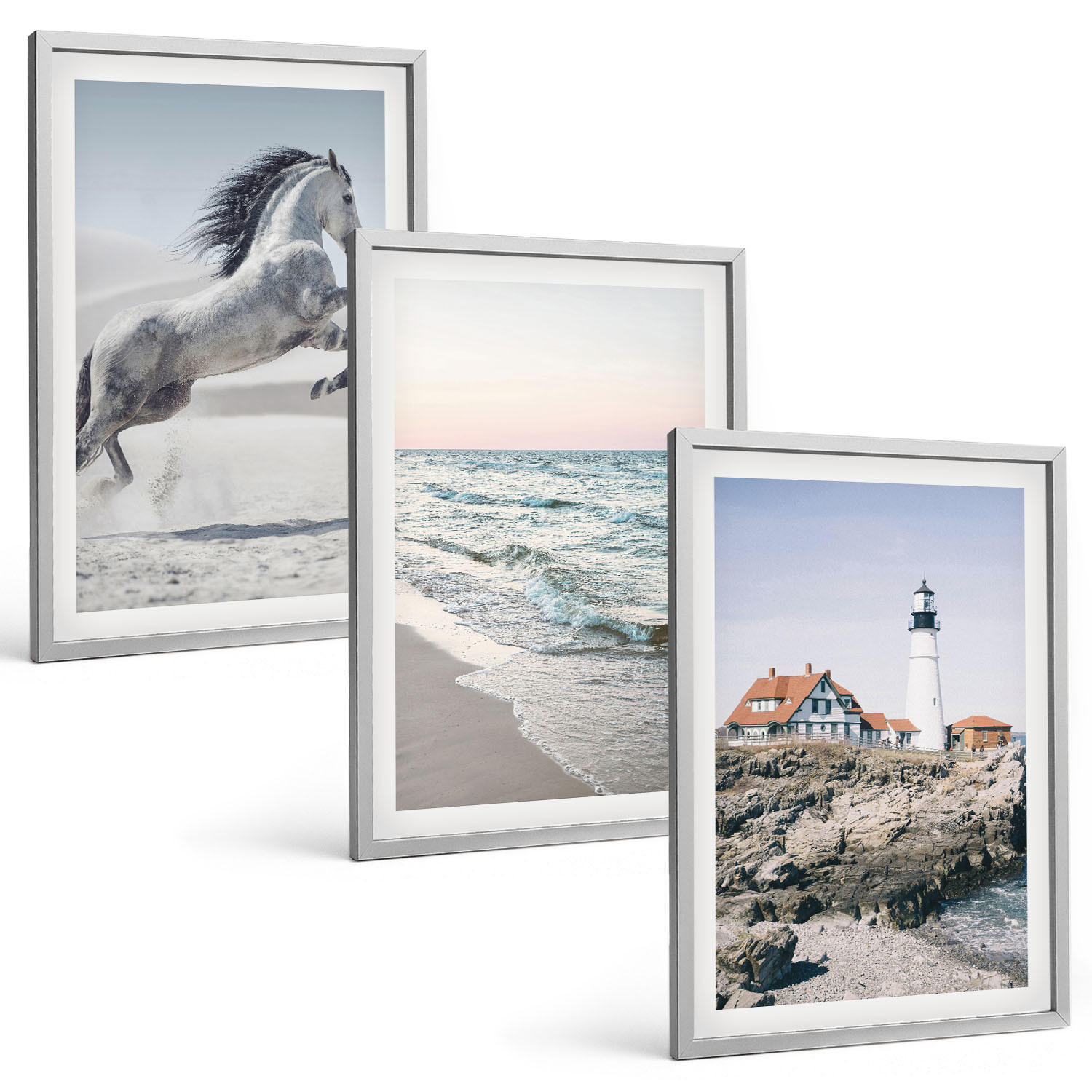 BILDER SET 3er Set - 40x60 cm Silberner Rahmen - Pferde, Strand, Leuchtturm, Wellen - Silberfarben, Kunststoff (40/60cm) - TULUP