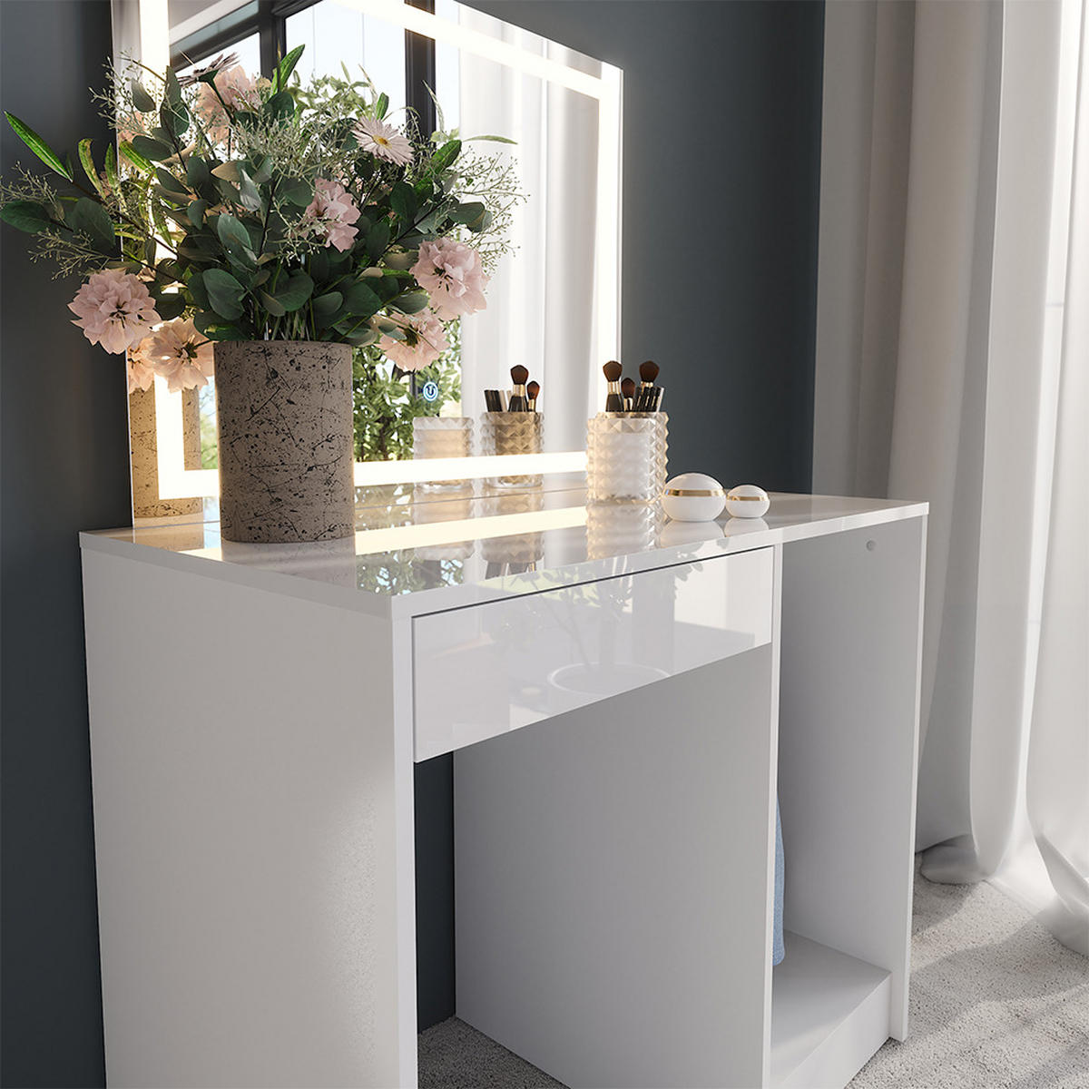 SCHMINKTISCH Sherry Weiß/Weiß Hochglanz 89.8 cm mit LED-Spiegel - Weiß Hochglanz, Holzwerkstoff (89.8/76/50.1cm) - Vicco