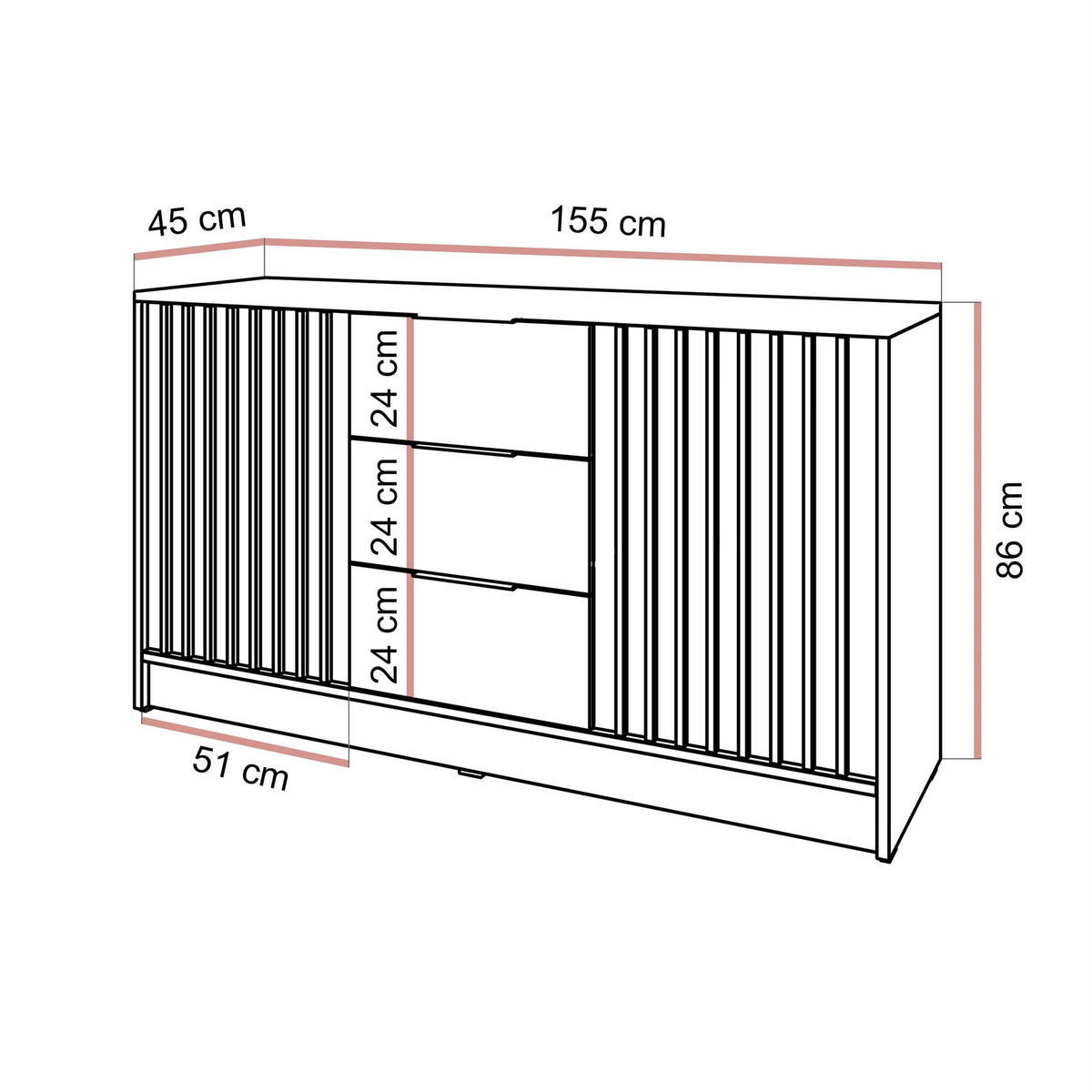 KOMMODE NELA, zweitürig mit Lamellen, Kaschmir/Schwarz - Kaschmir, Holzwerkstoff (155/86/45cm) - Lookway