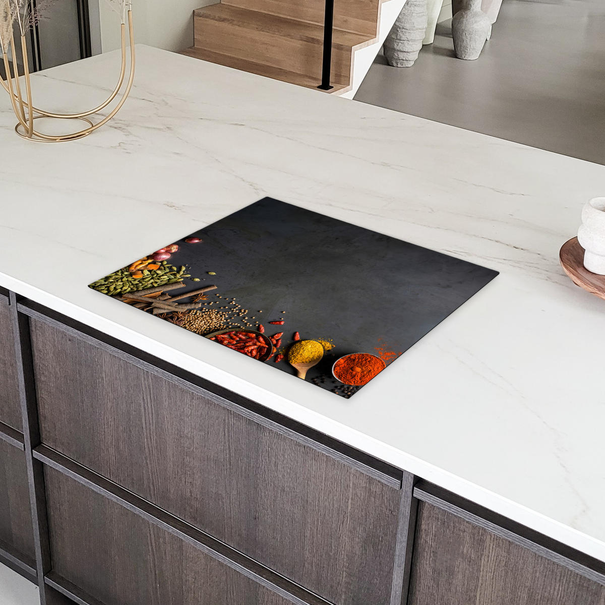 HERDABDECKPLATTE Kräuter - Lebensmittel - Gewürze - Schwarz - Paprika - Zimt Herdabdeckung Induktionsfeld 65x52 cm - Currygelb, Kunststoff (65/52/0.2cm) - MuchoWow