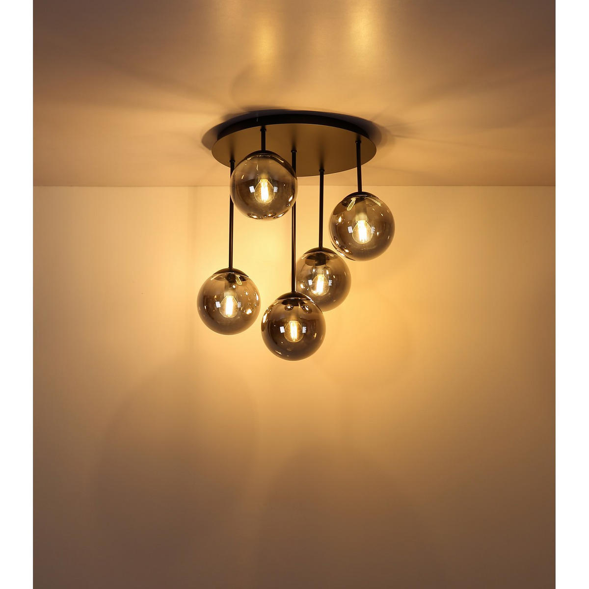 DECKENLEUCHTE HARMON Metall, Schwarz, 5-flammig - Anthrazit, Glas (38/38/51cm) - Globo Lighting