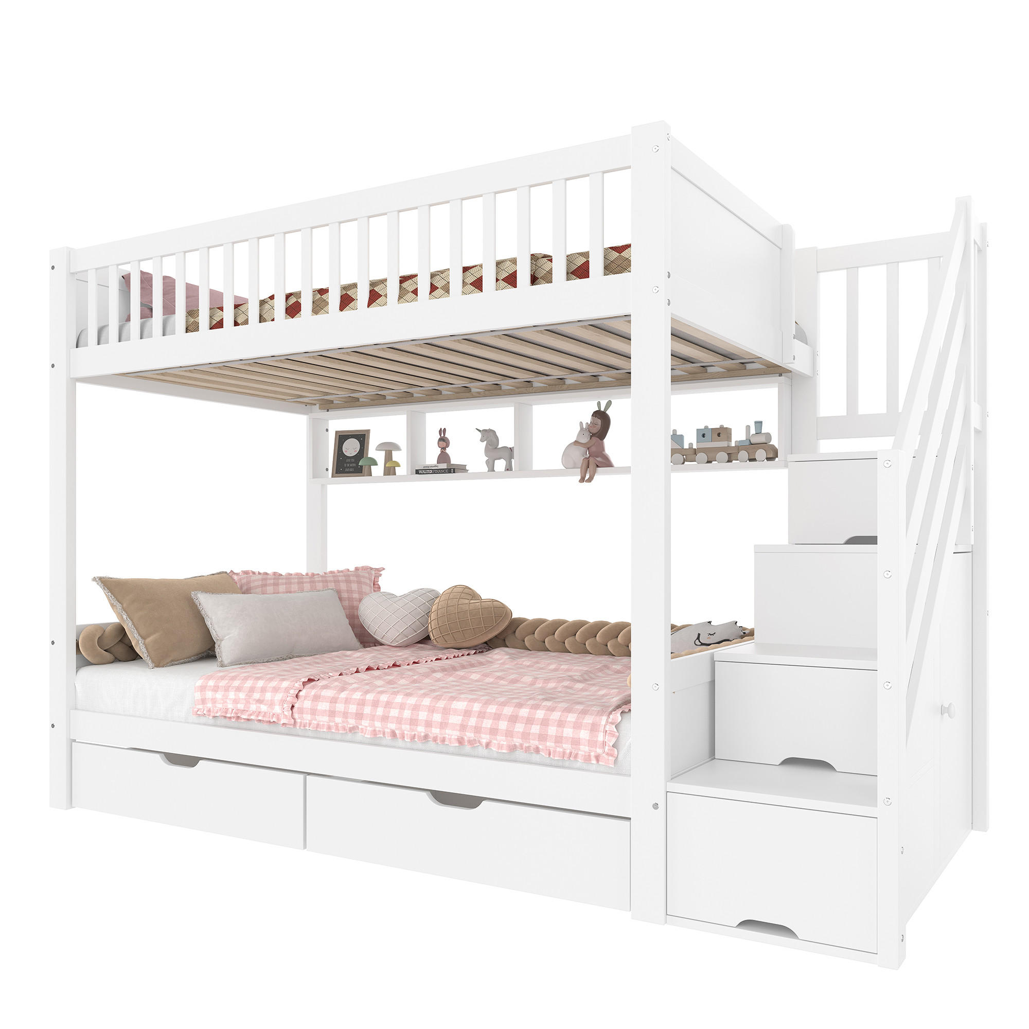 STILVORA ETAGENBETT 90/200 cm in Weiß Kinderbett mit 2 Schubladen, Regal, Kleiderschrank und Staufach