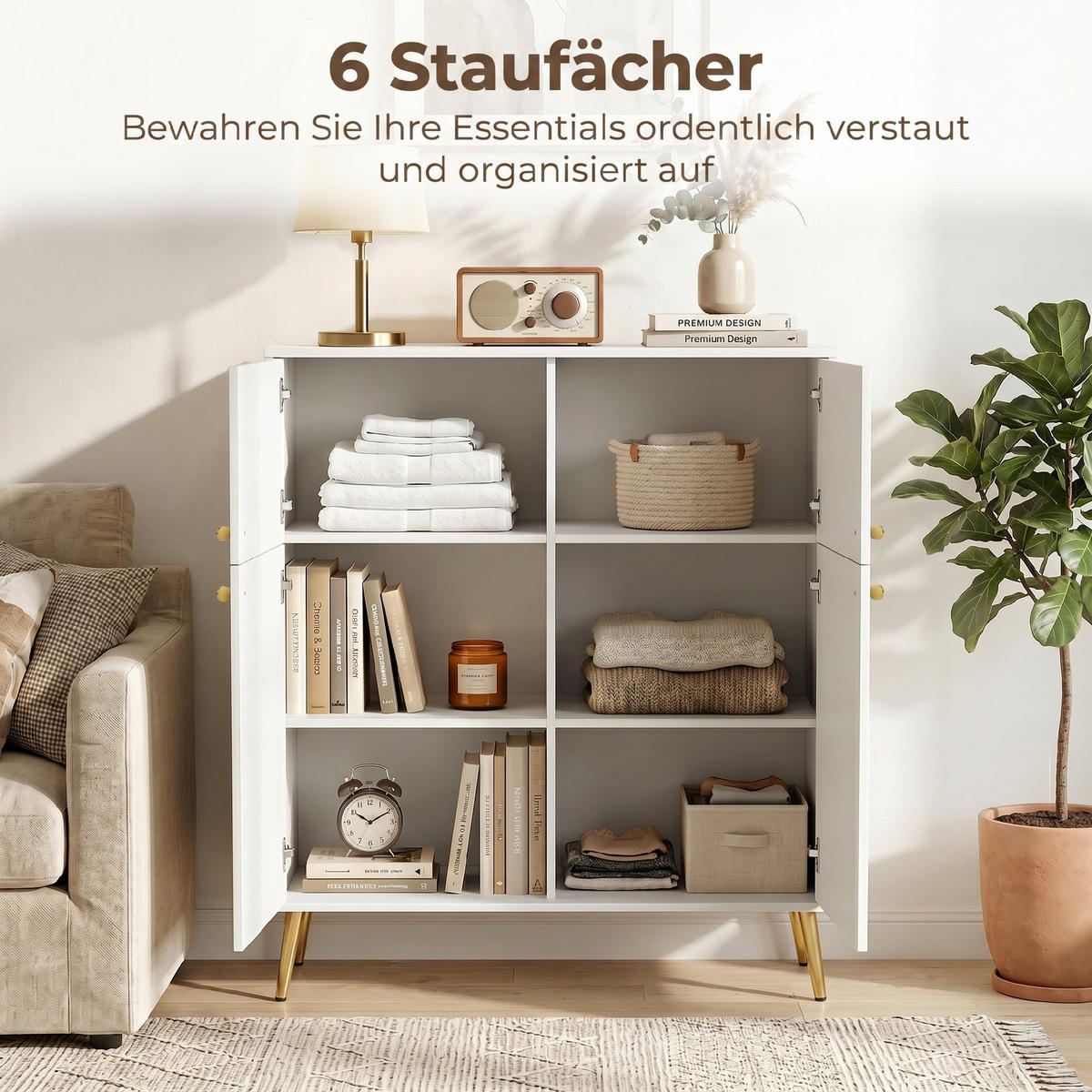 SIDEBOARD av spånskiva och metall, krämvit - Cremefärgad/Guldfärgad, Träbaserade material/Metall (40.5/122.4/105.4cm) - HOMCOM