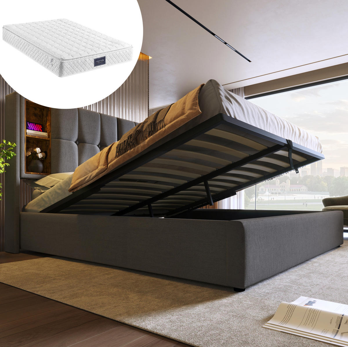 POLSTERBETT 140/200 cm mit kabellosem Laden, USB, Matratze, USB-C und Bettkasten, Baumwolle, Grau - Grau, Textil (140/200cm) - Redom