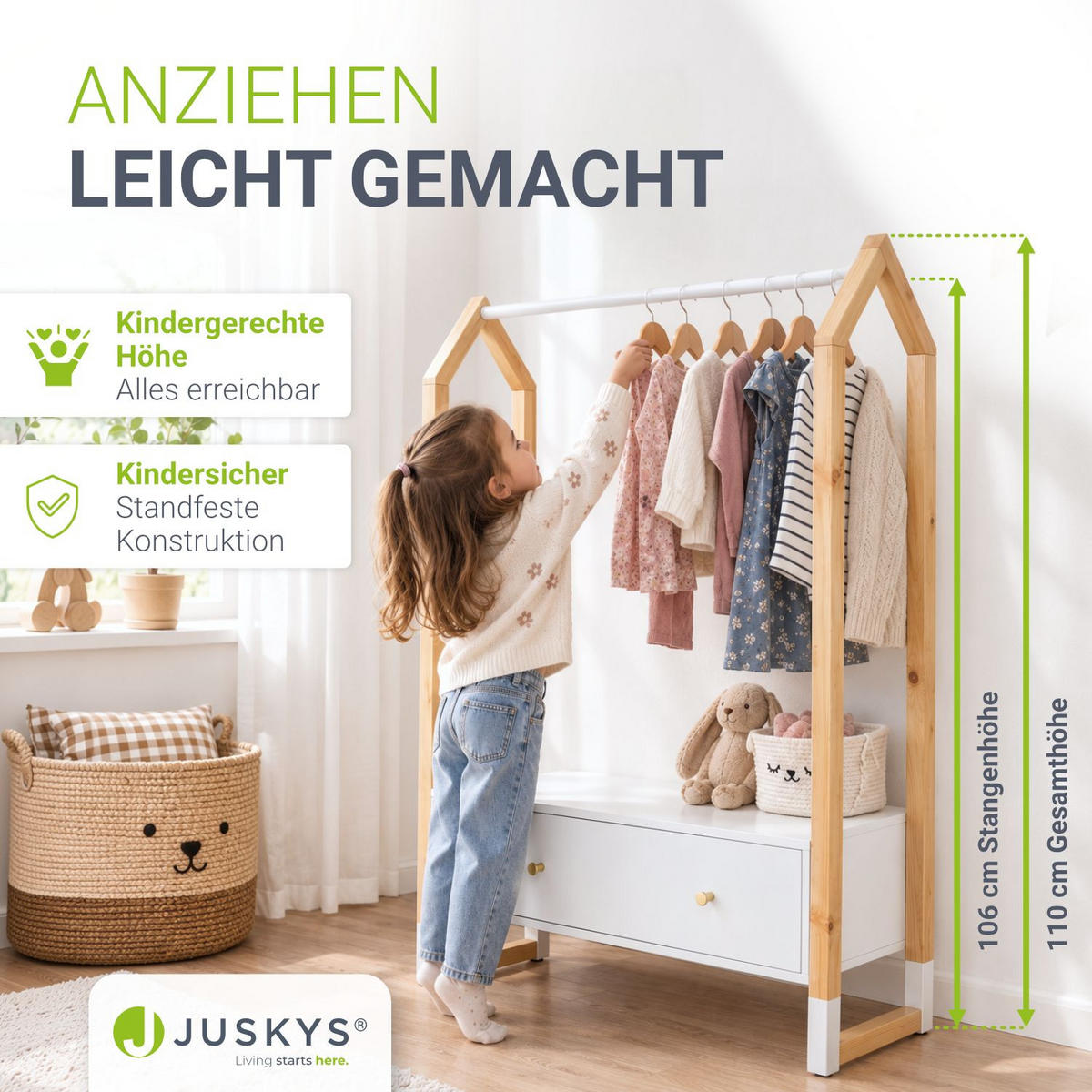 KLEIDERSTÄNDER Filla mit großer Schublade - Weiß, Holz (30/30/80cm) - Juskys