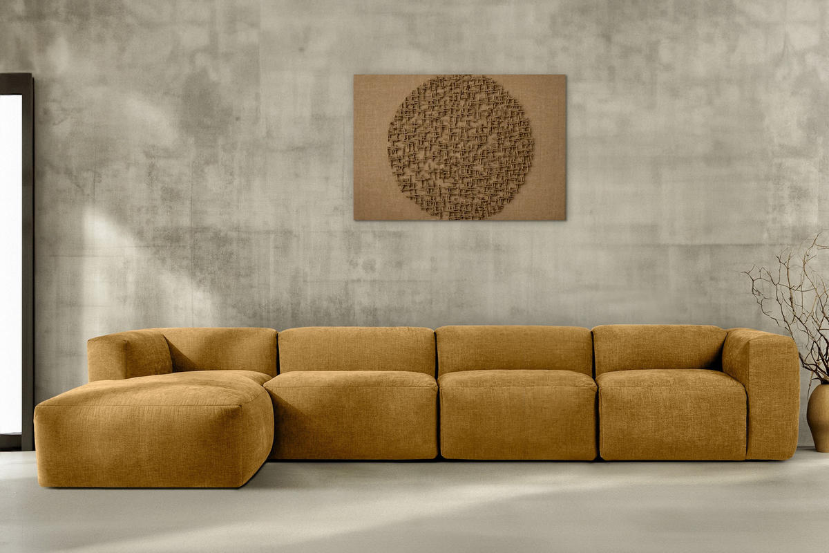 ECKMODULSOFA-LINKS BUFFO 6-Sitzer mit extrem weicher Sitzfläche, Gewebestoff, Honig - Gelb, Textil (377/180cm) - KONSIMO®